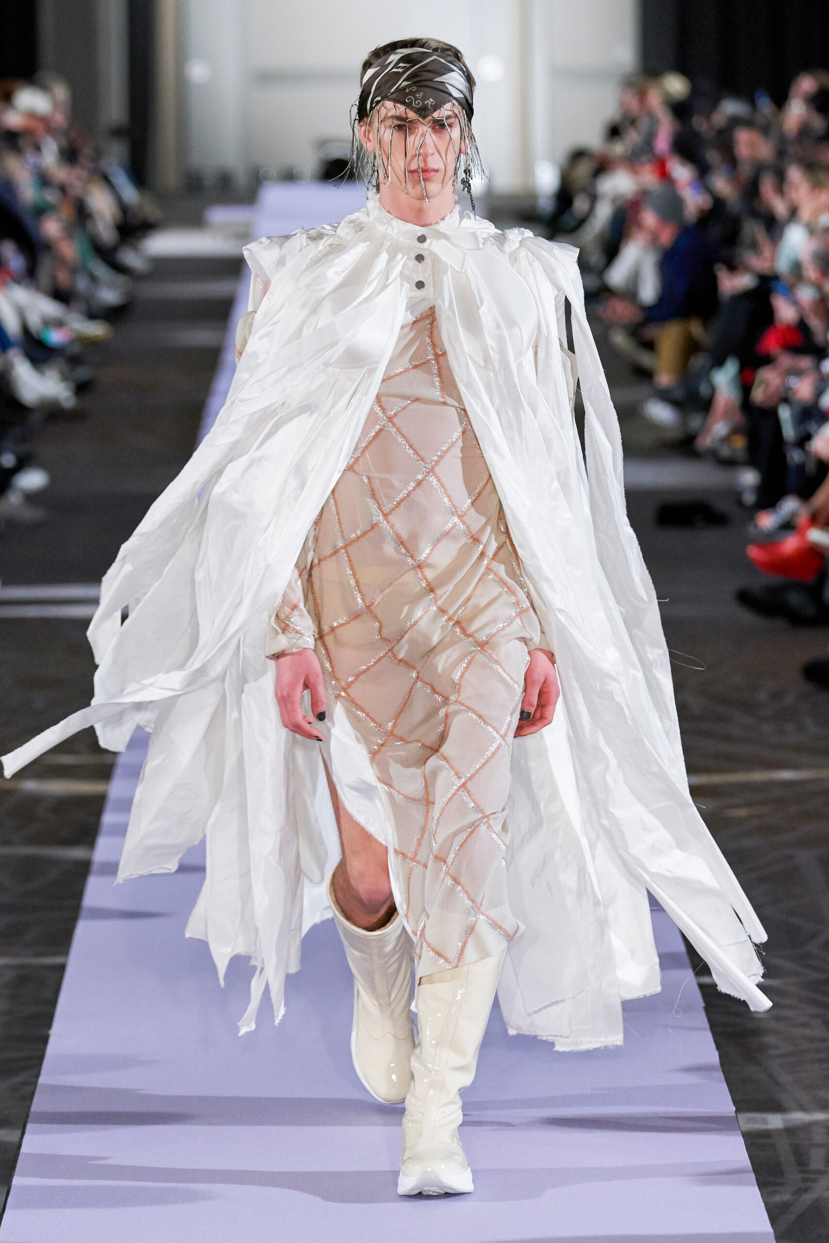 beige silk fitted dress with white cape