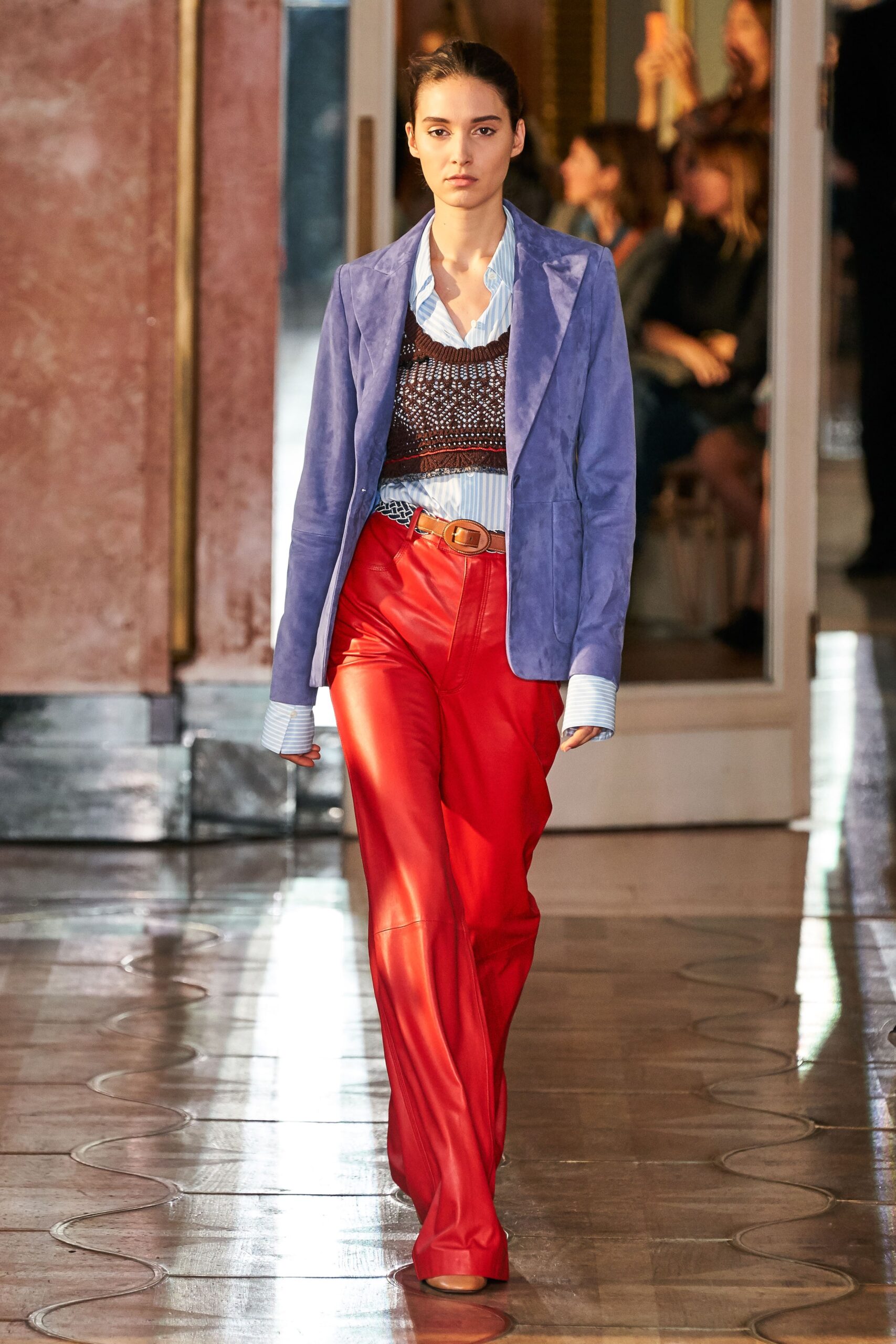 purple suede blazer red leather pants