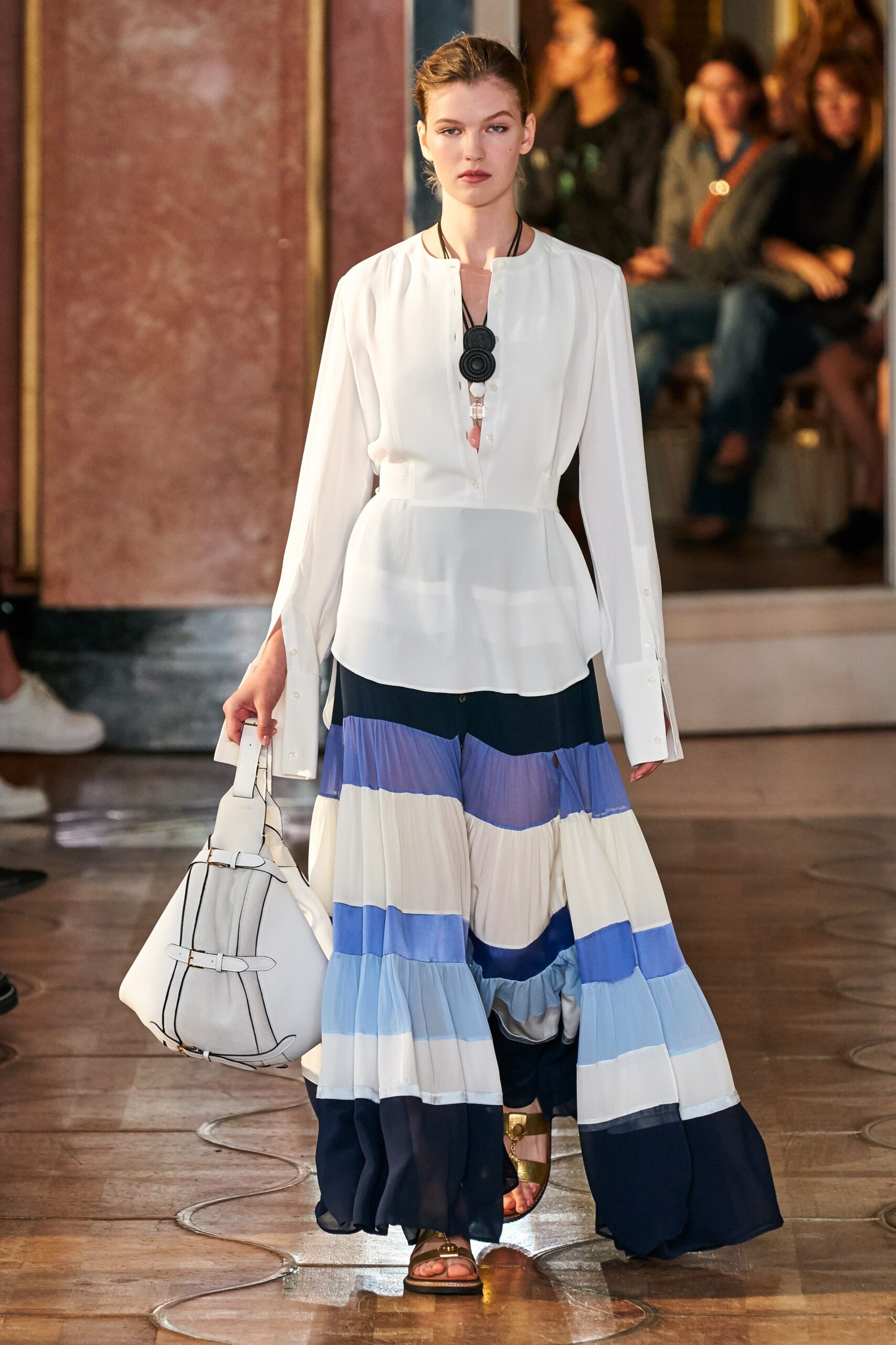 blue chiffon relaxed tiered flowing maxi skirt
