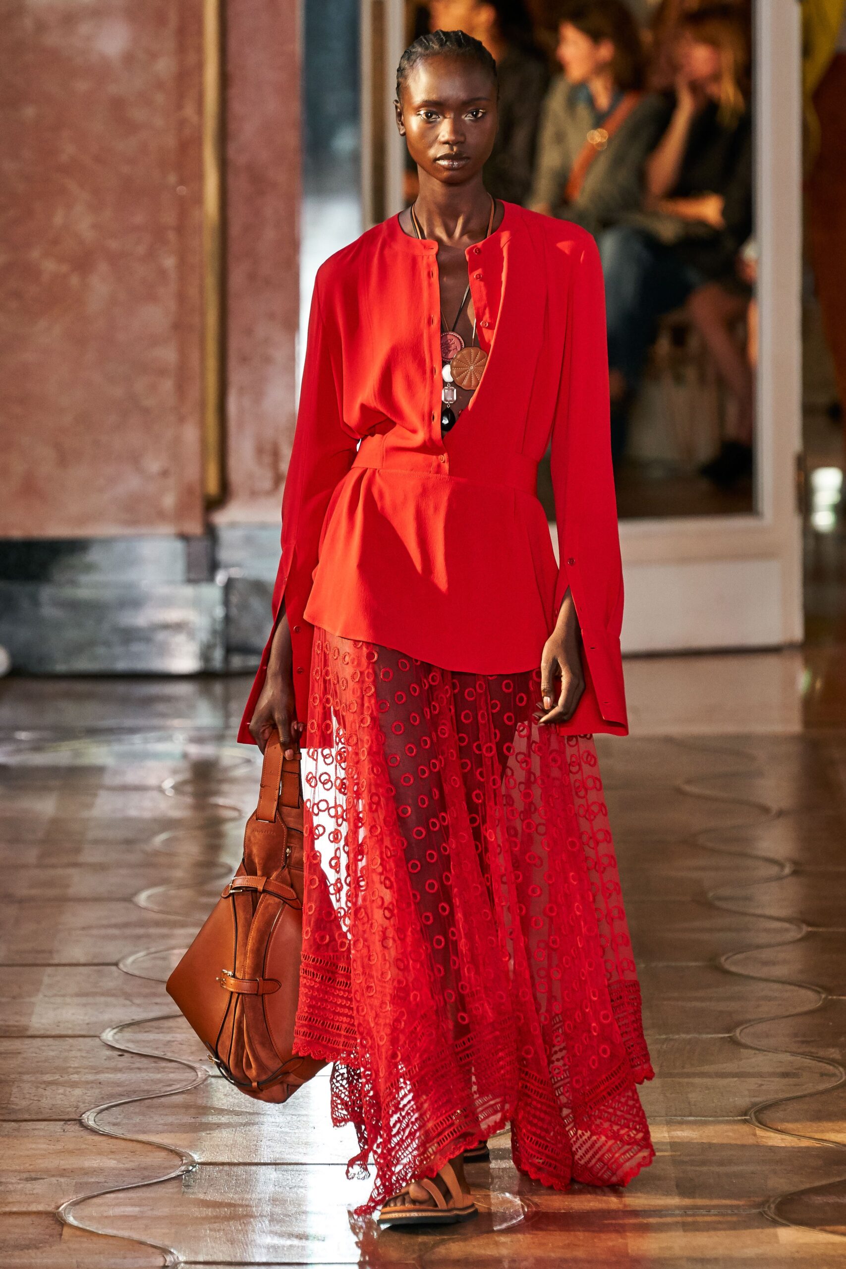 red chiffon relaxed high-waisted pleated flowing skirt