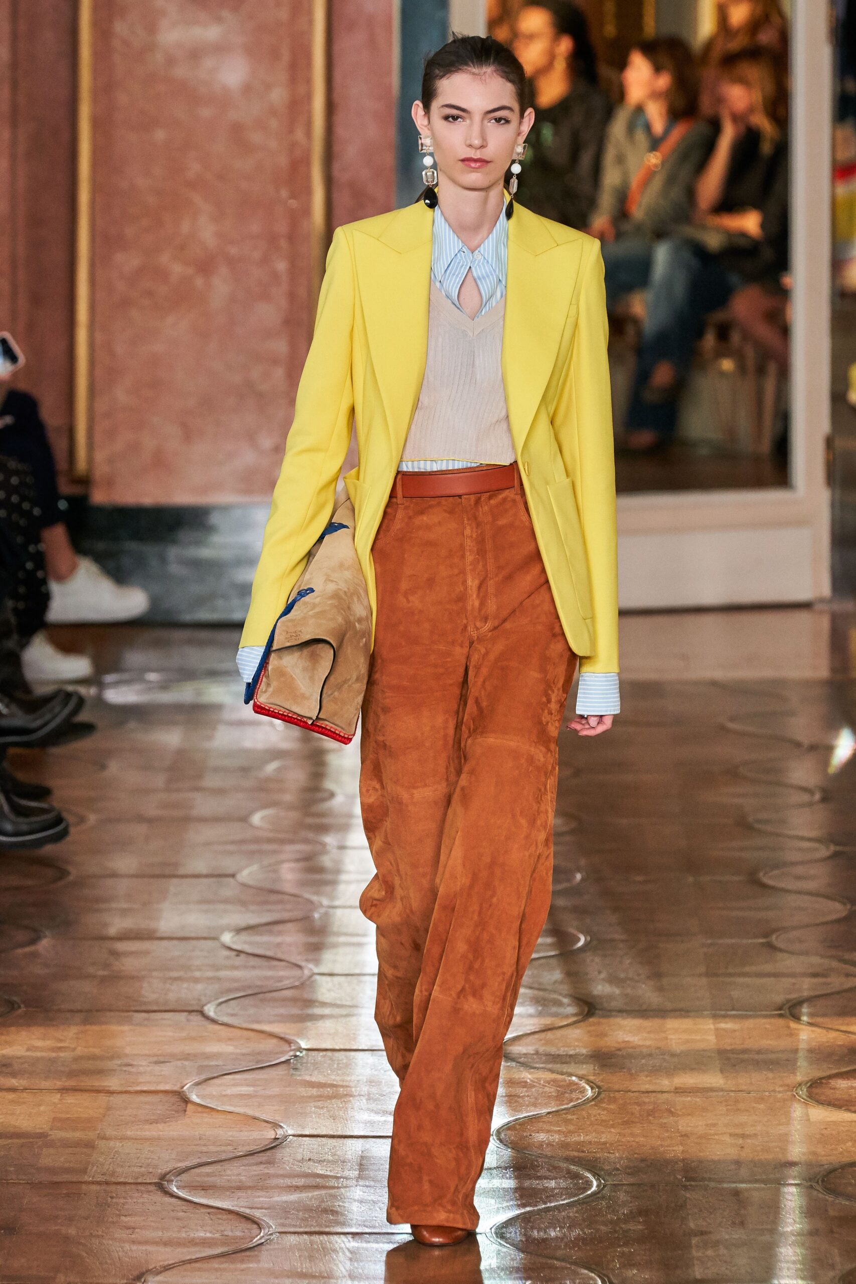 yellow blazer beige sweater orange pants