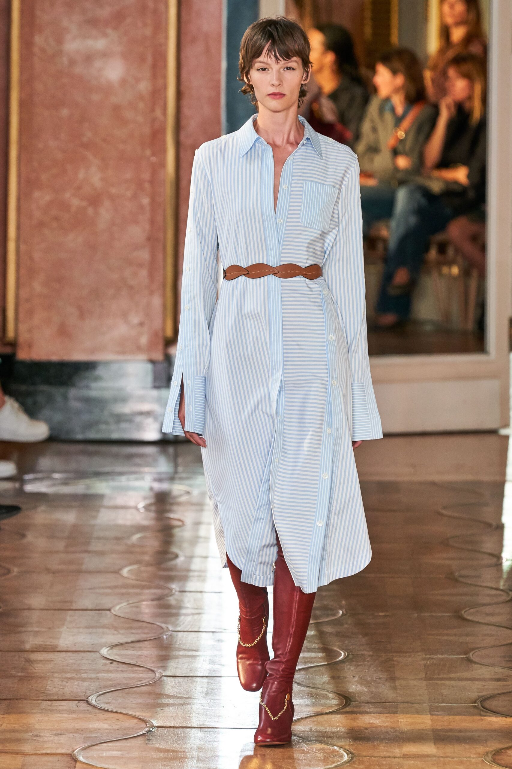 striped shirt-dress with brown belt