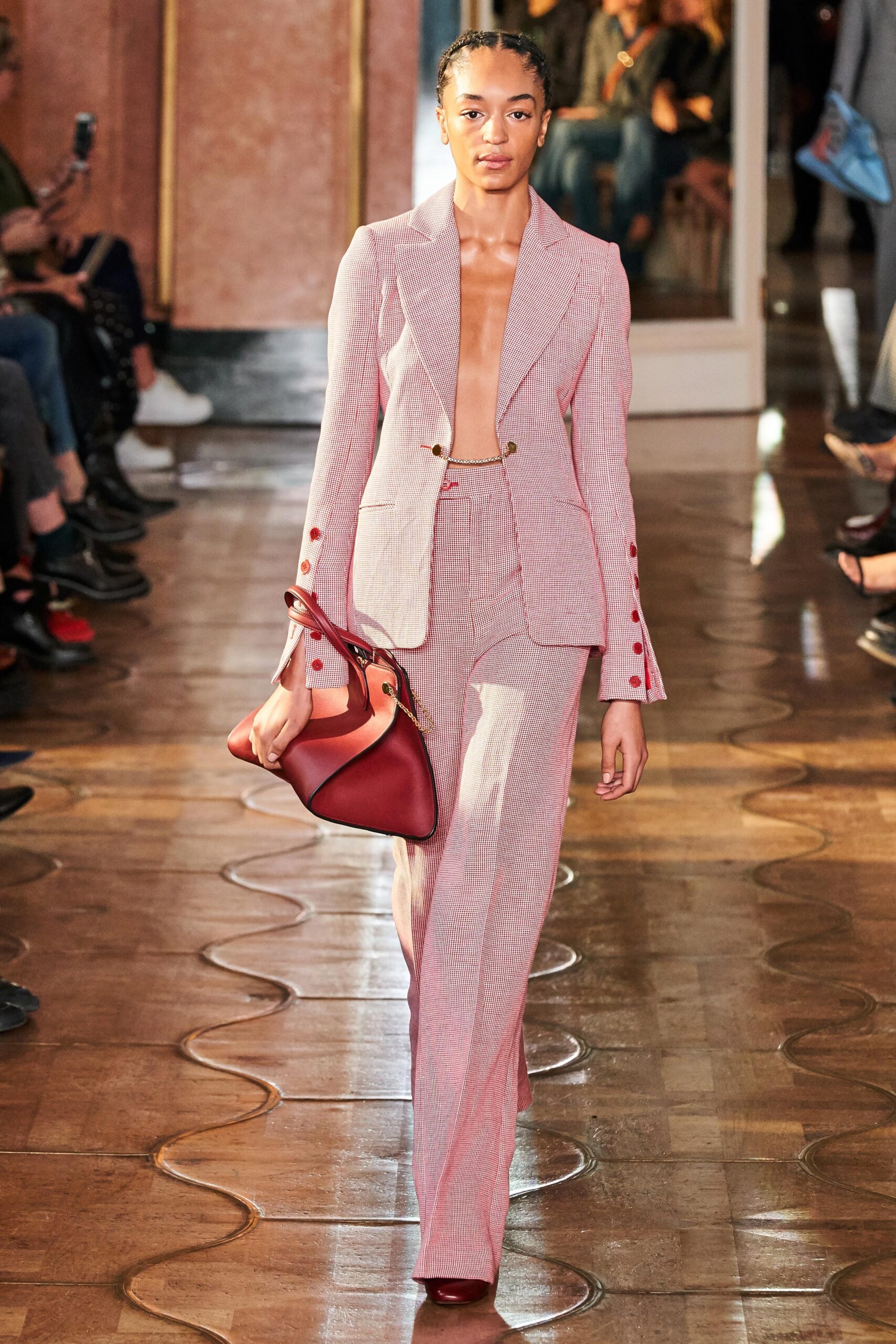 pink cotton long-sleeve collared tailored checked buttoned suit