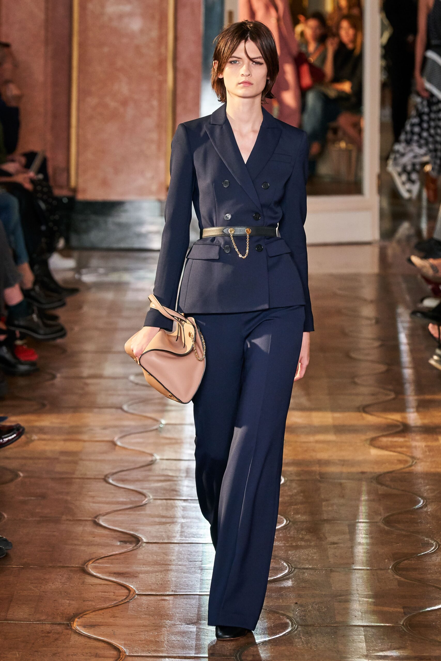 blue tailored suit with belt