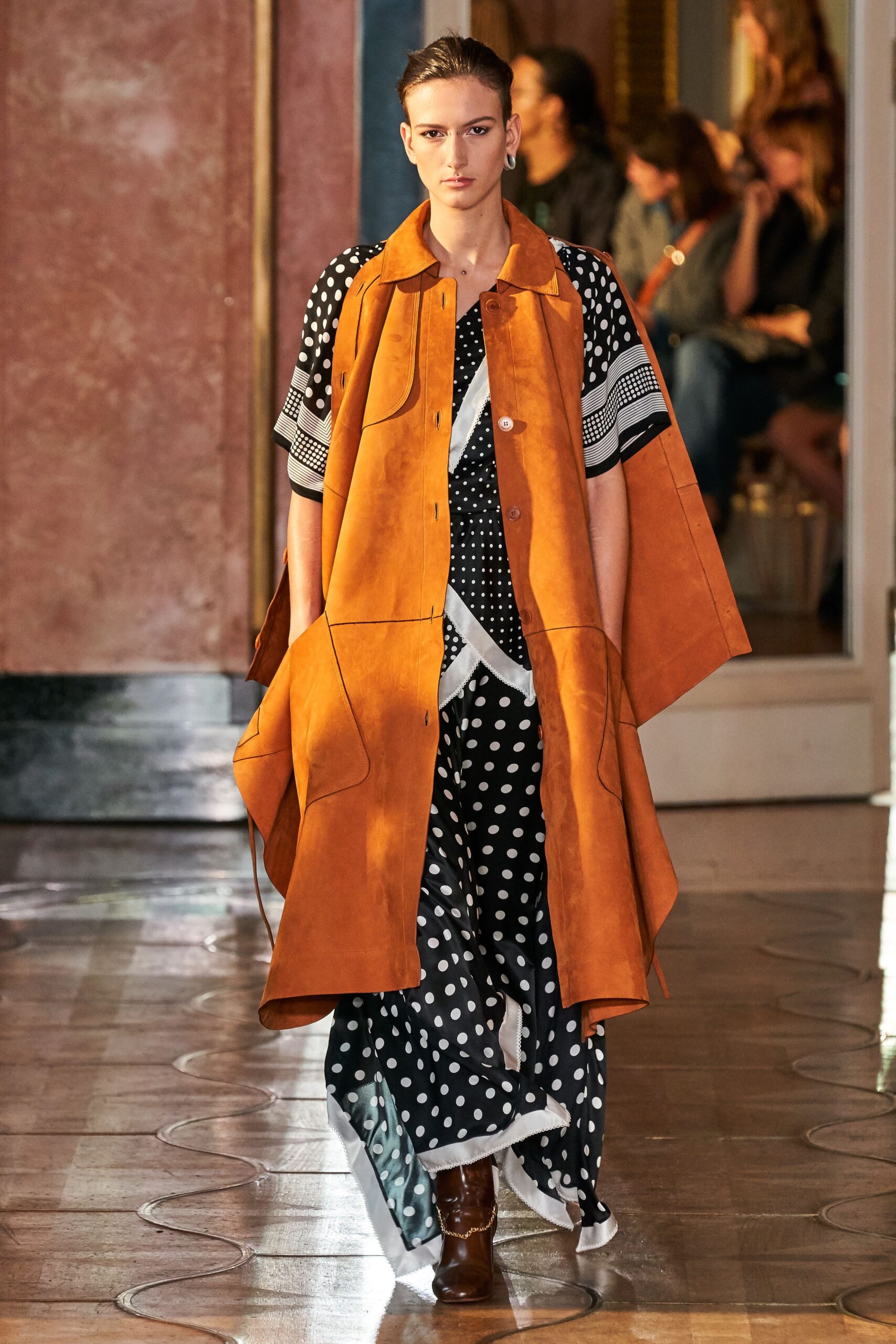 orange suede sleeveless relaxed layered coat