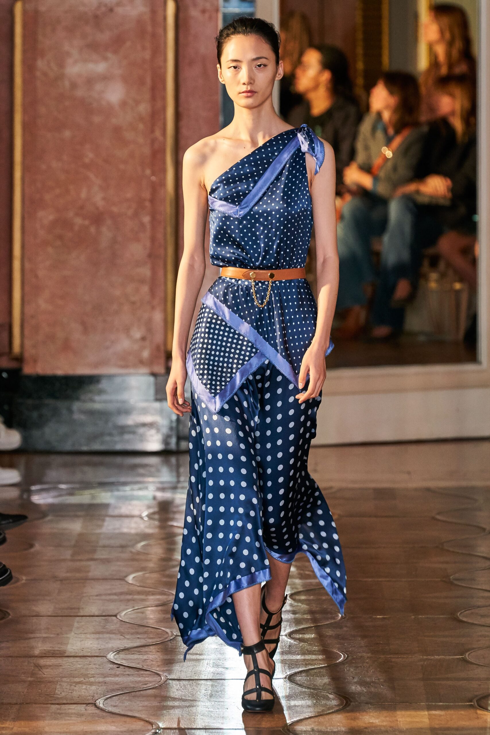 blue silk sleeveless asymmetric fitted polka-dot draped dress