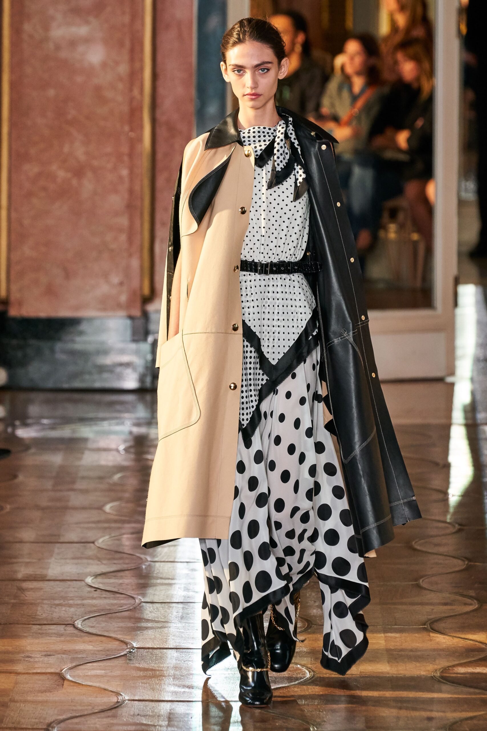 beige leather long-sleeve collared relaxed buttoned layered coat