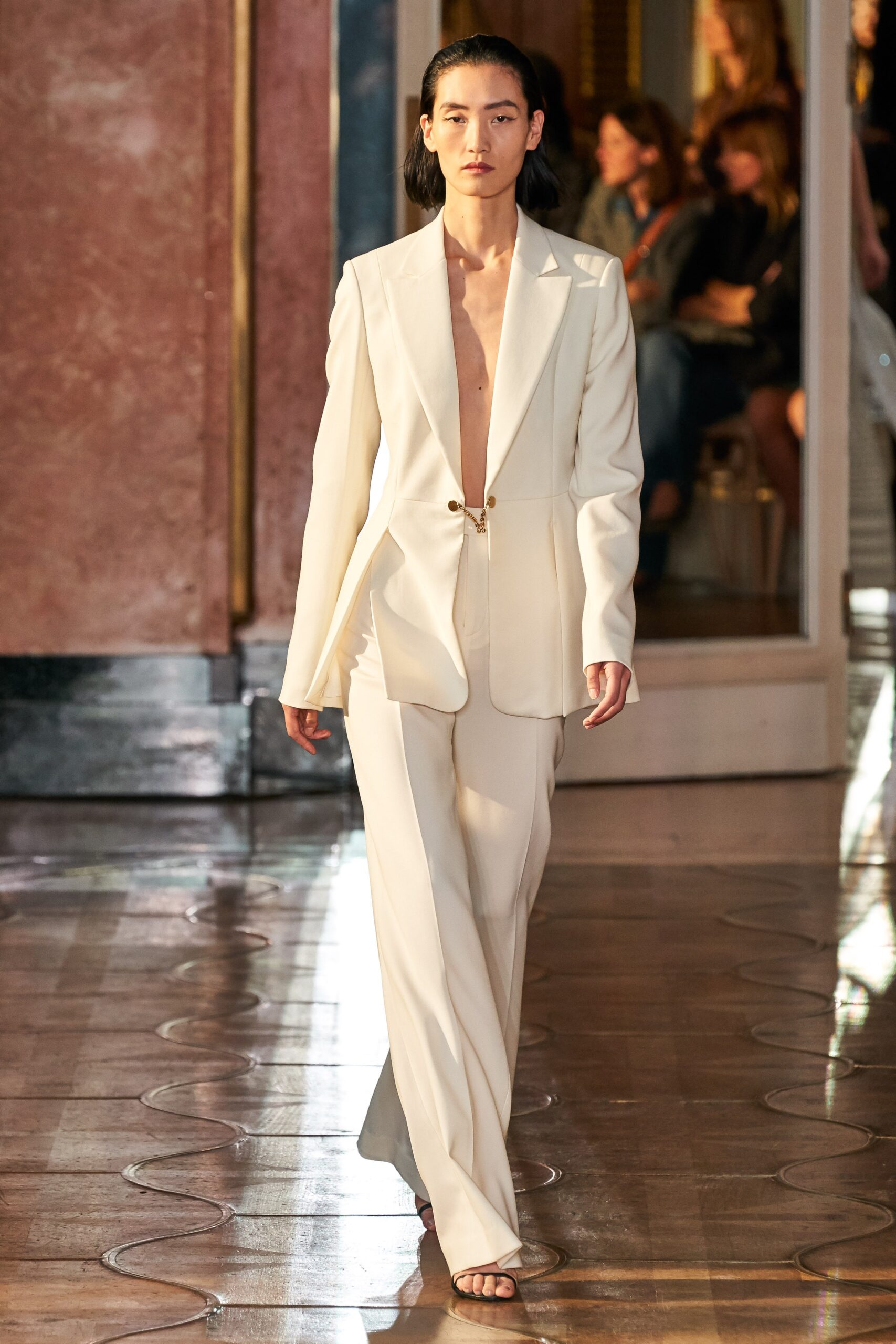 white tailored silk suit