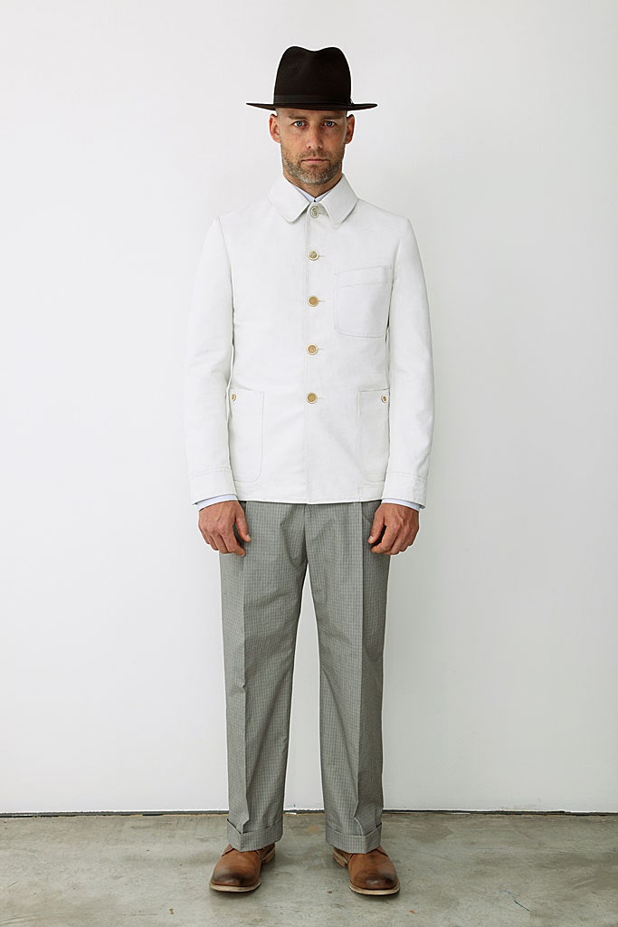 white jacket gray pants outfit
