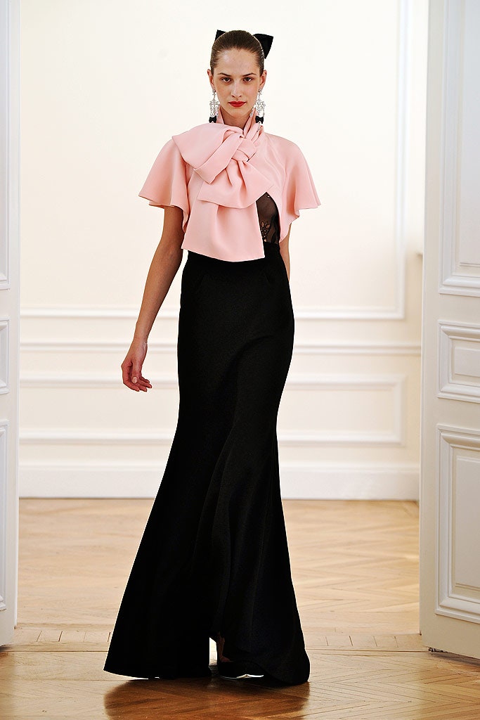 pink silk top and black gown