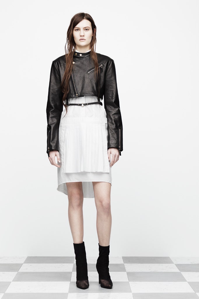 black leather jacket and white pleated dress