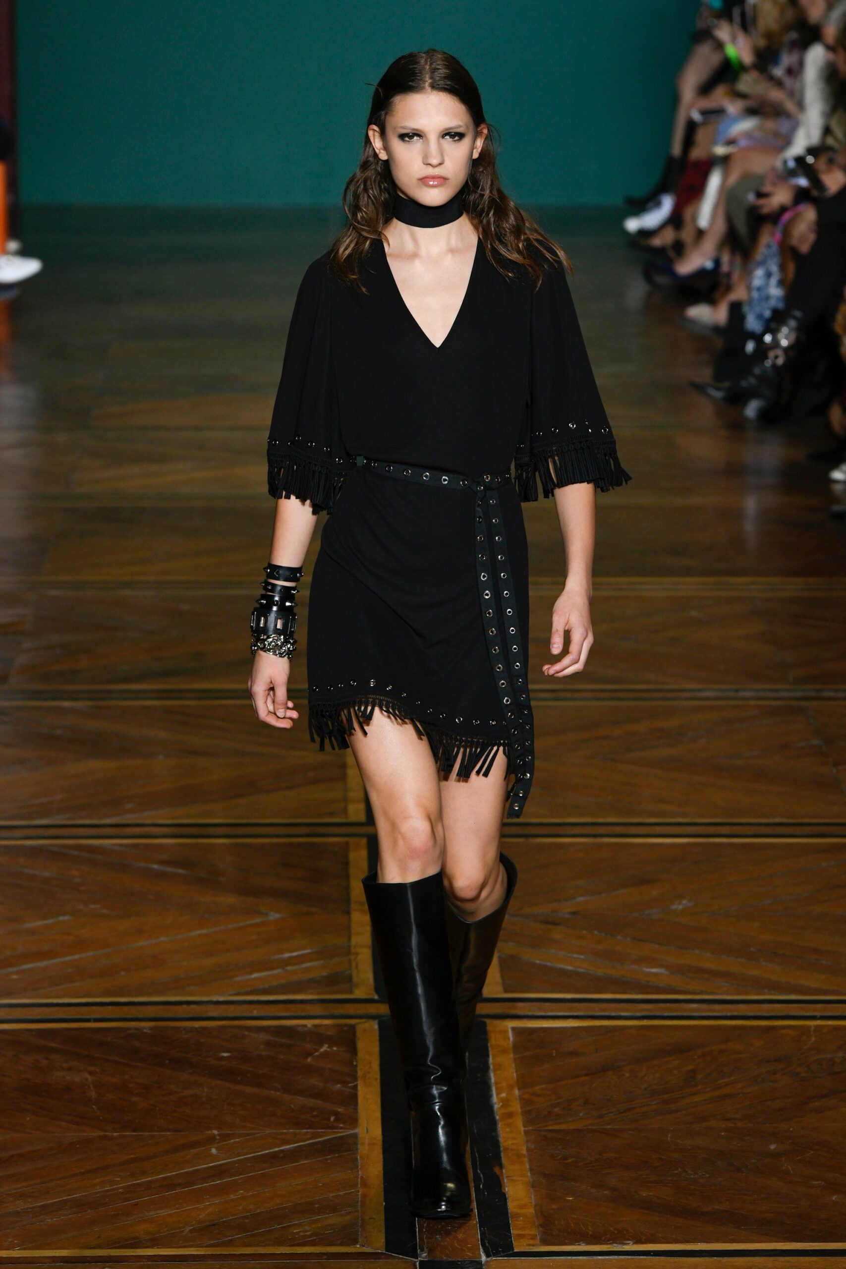 black fringed mini dress with boots