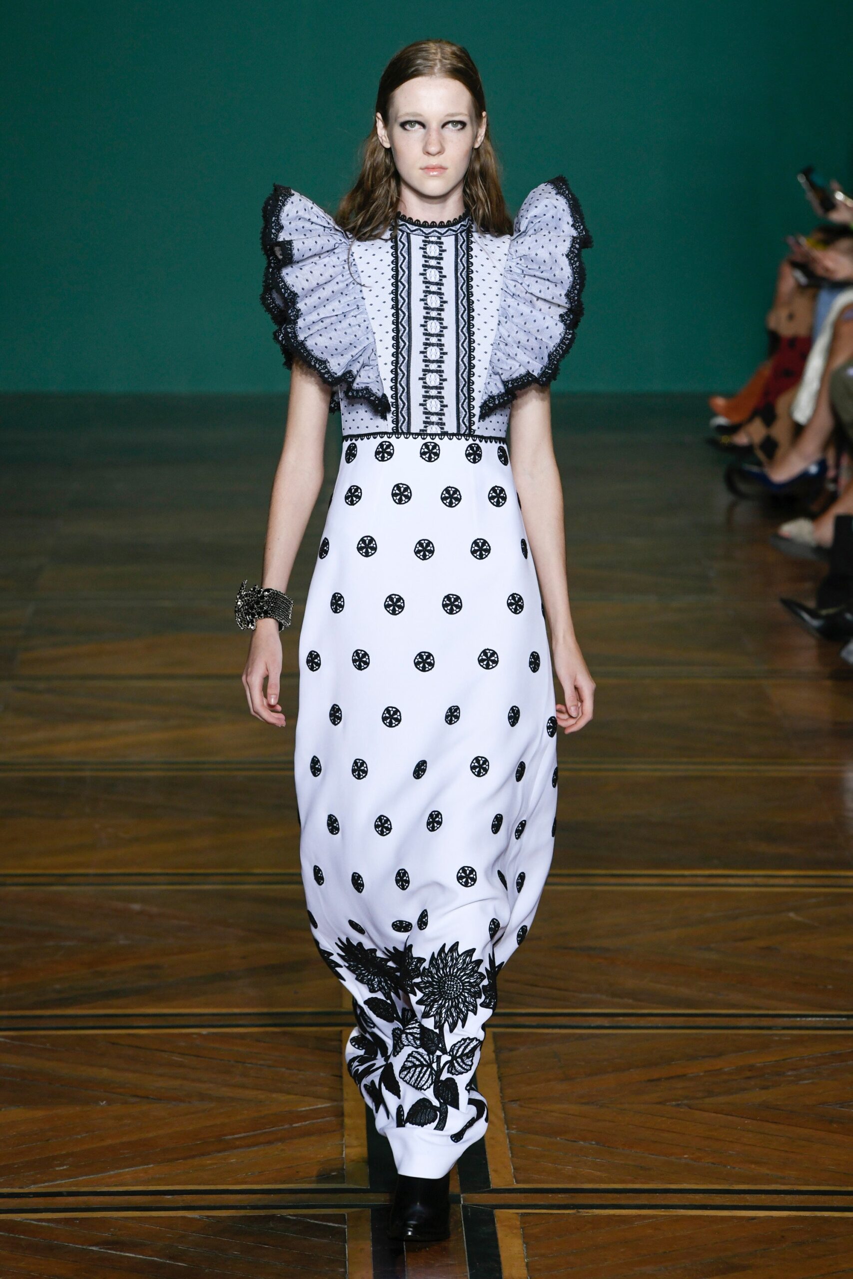 white and black embroidered midi dress