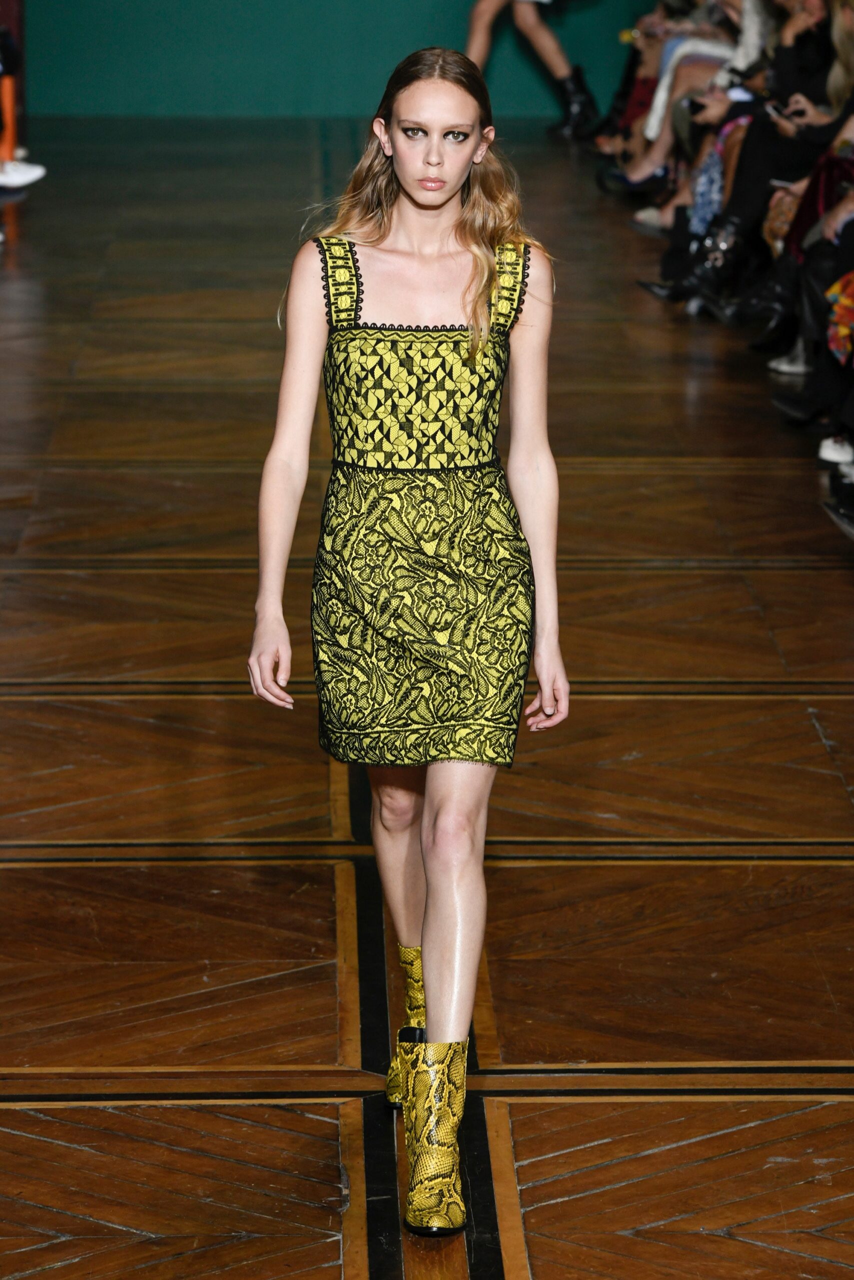 yellow embroidered mini-dress with boots