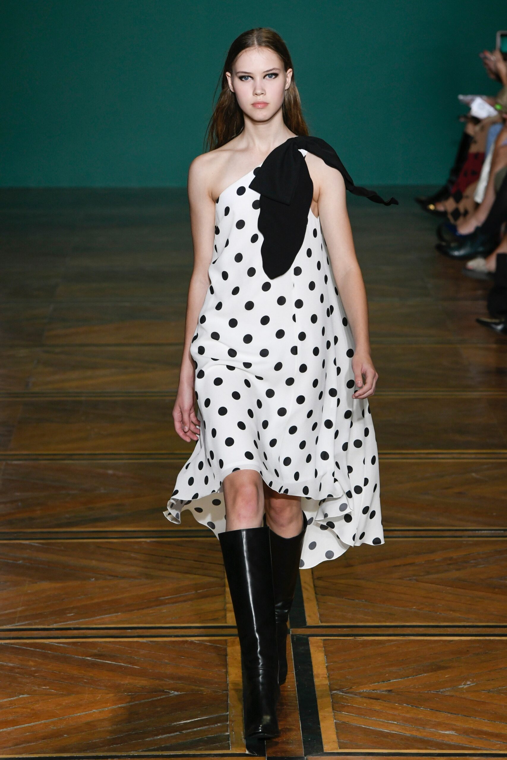 white polka-dot midi dress