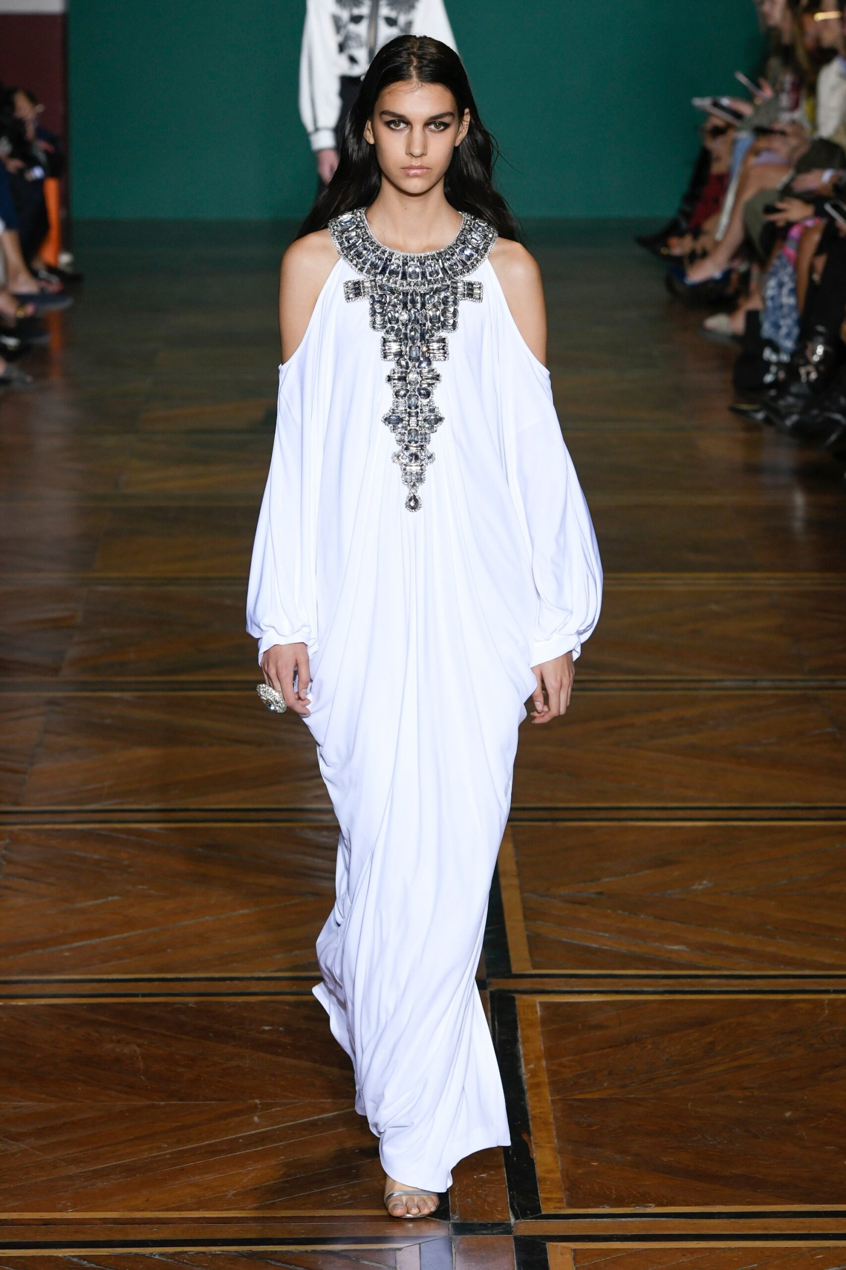 white silk off-shoulder gown