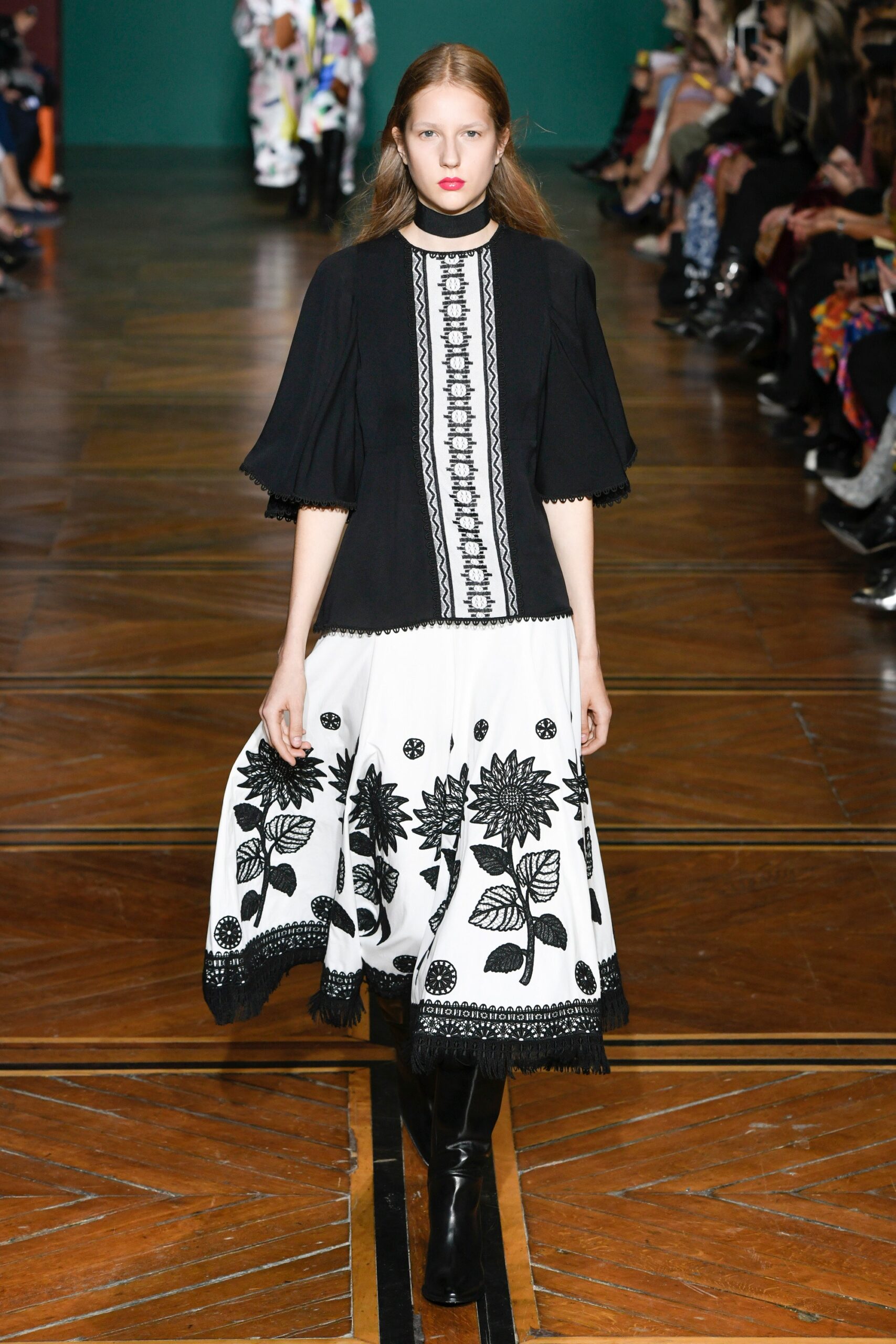 black and white embroidered midi dress