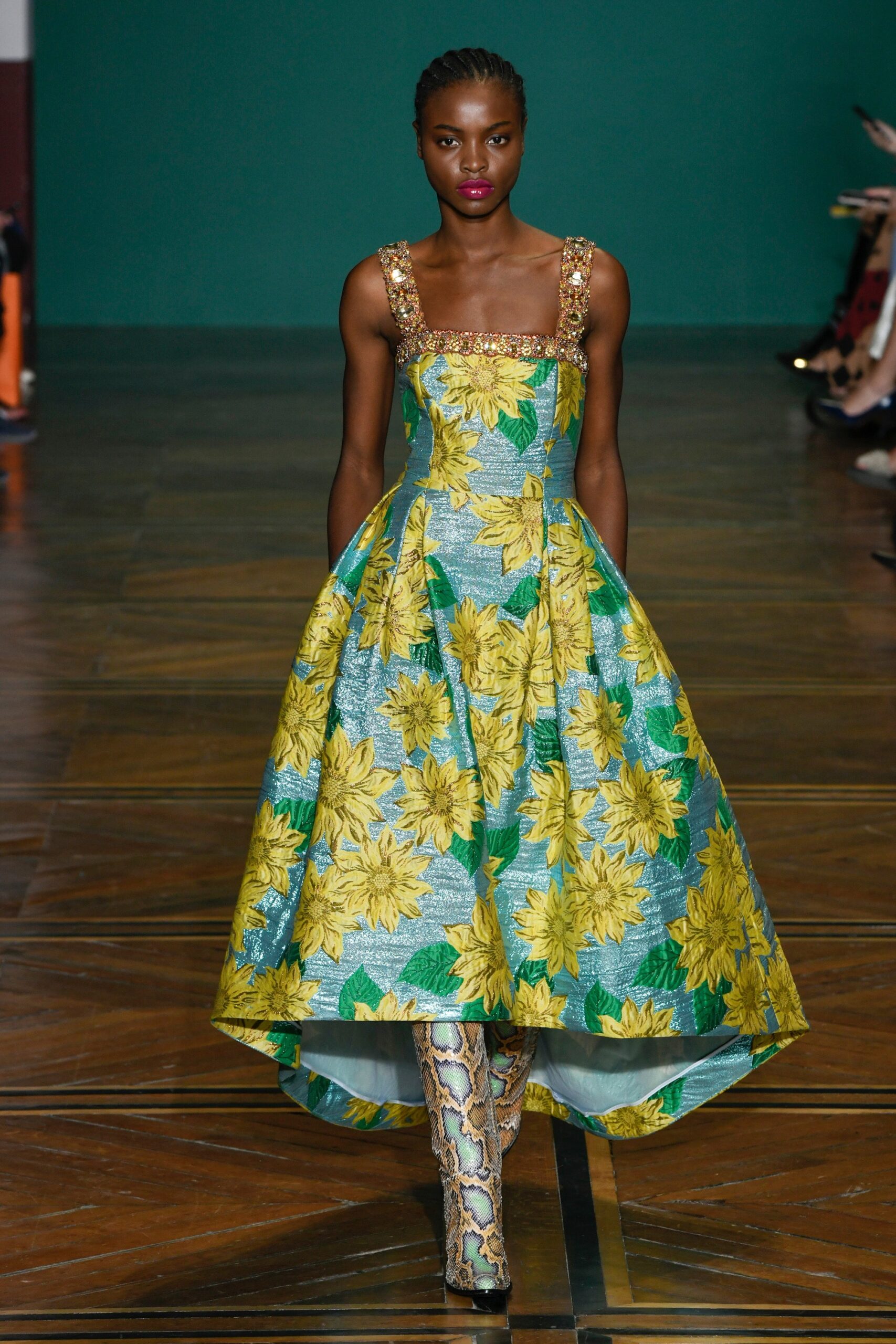 floral midi dress with snake-print boots