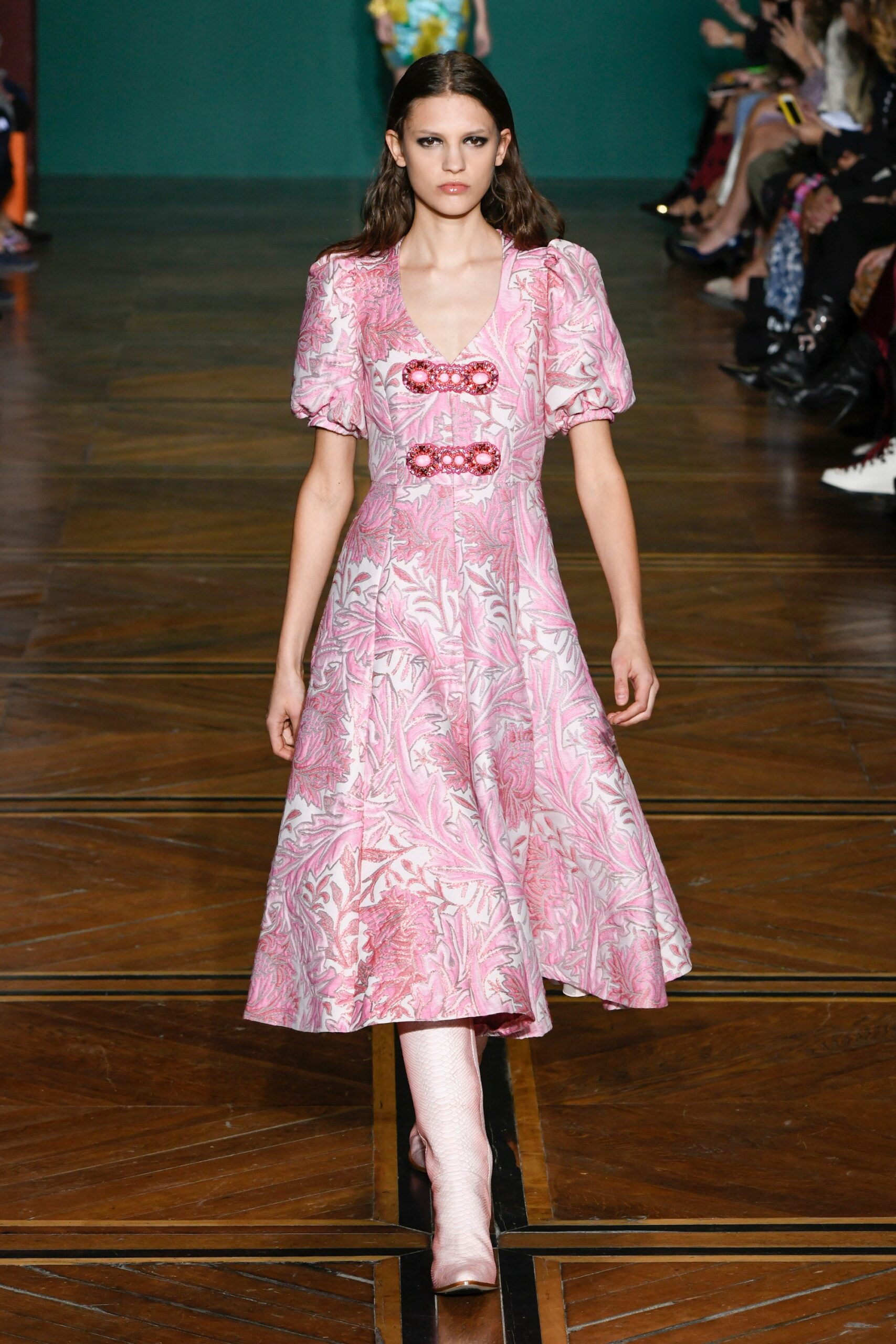 pink embroidered midi dress