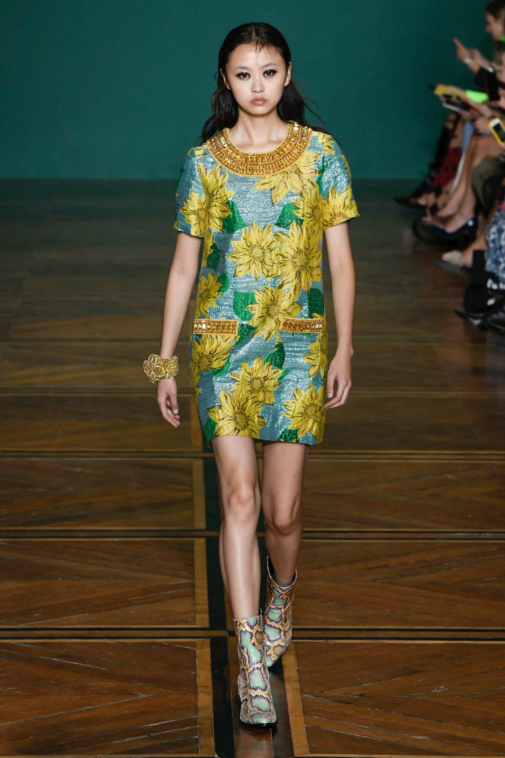 blue and yellow floral dress