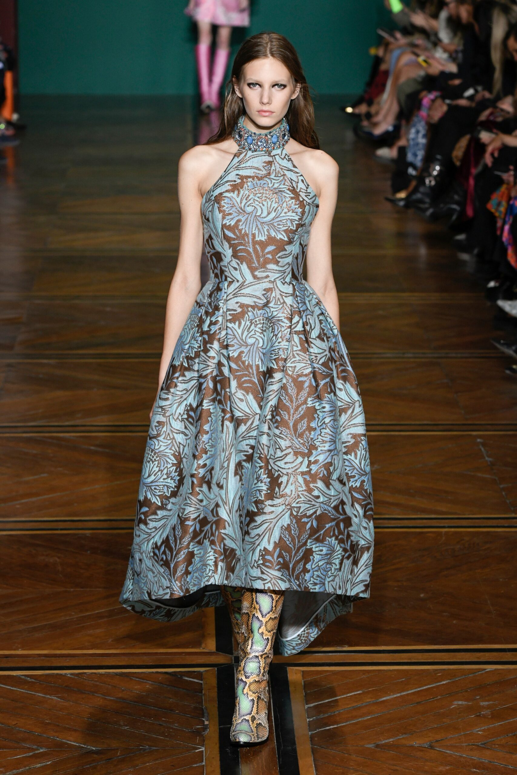 blue printed midi dress with boots