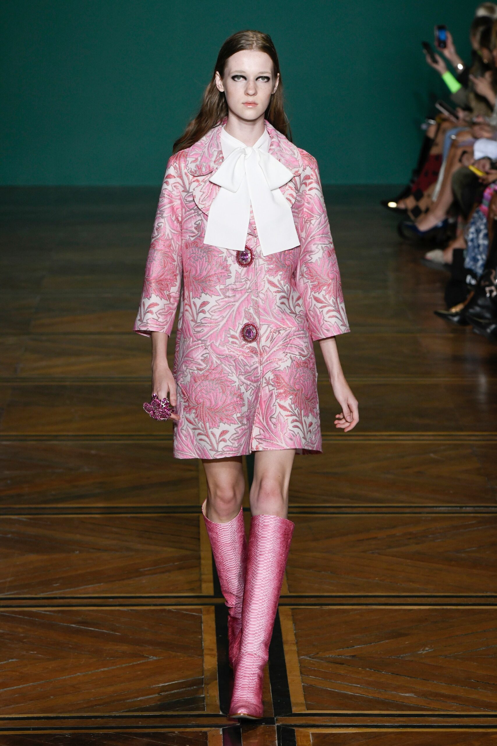 pink embroidered coat and boots