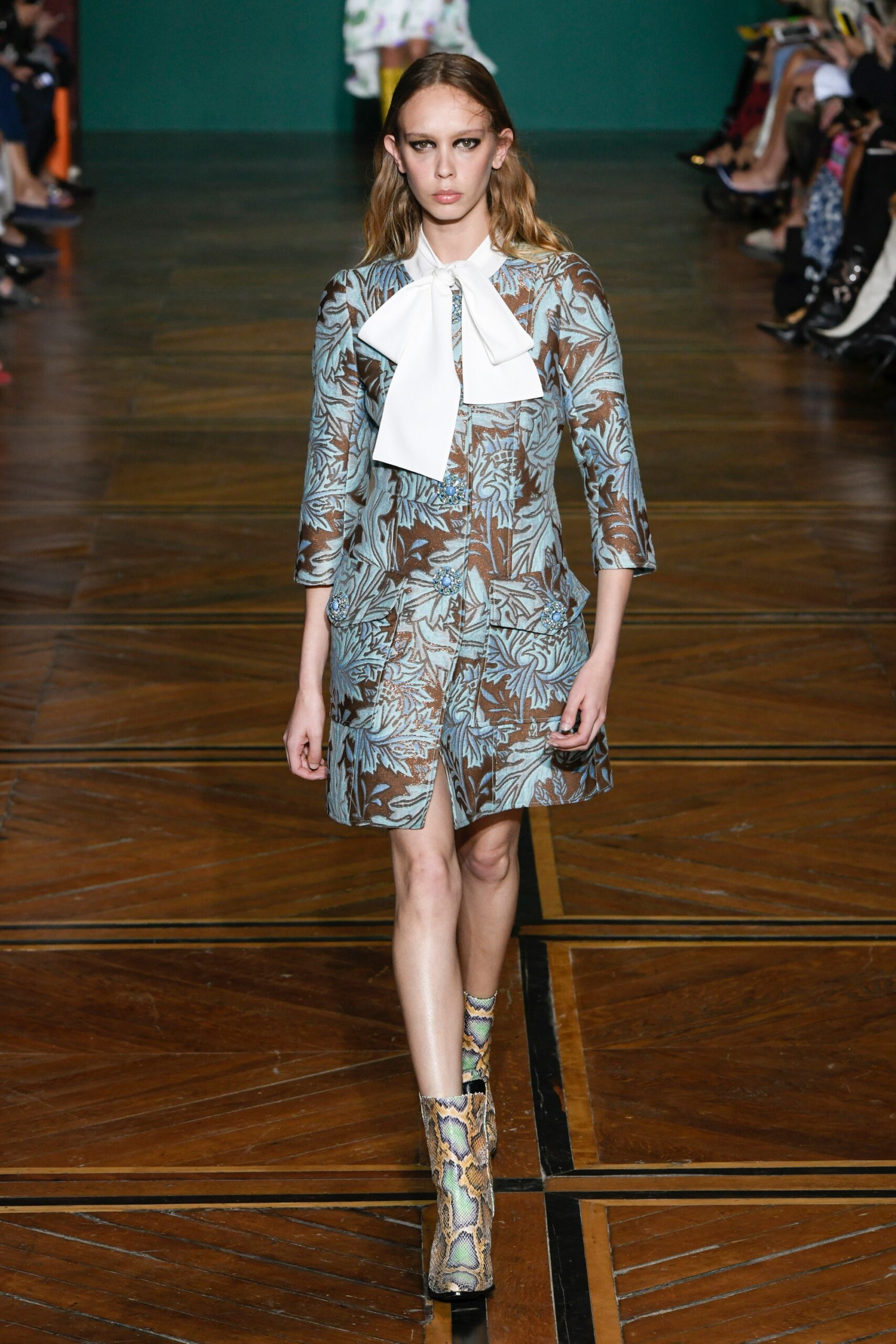 printed short dress with snakeskin boots