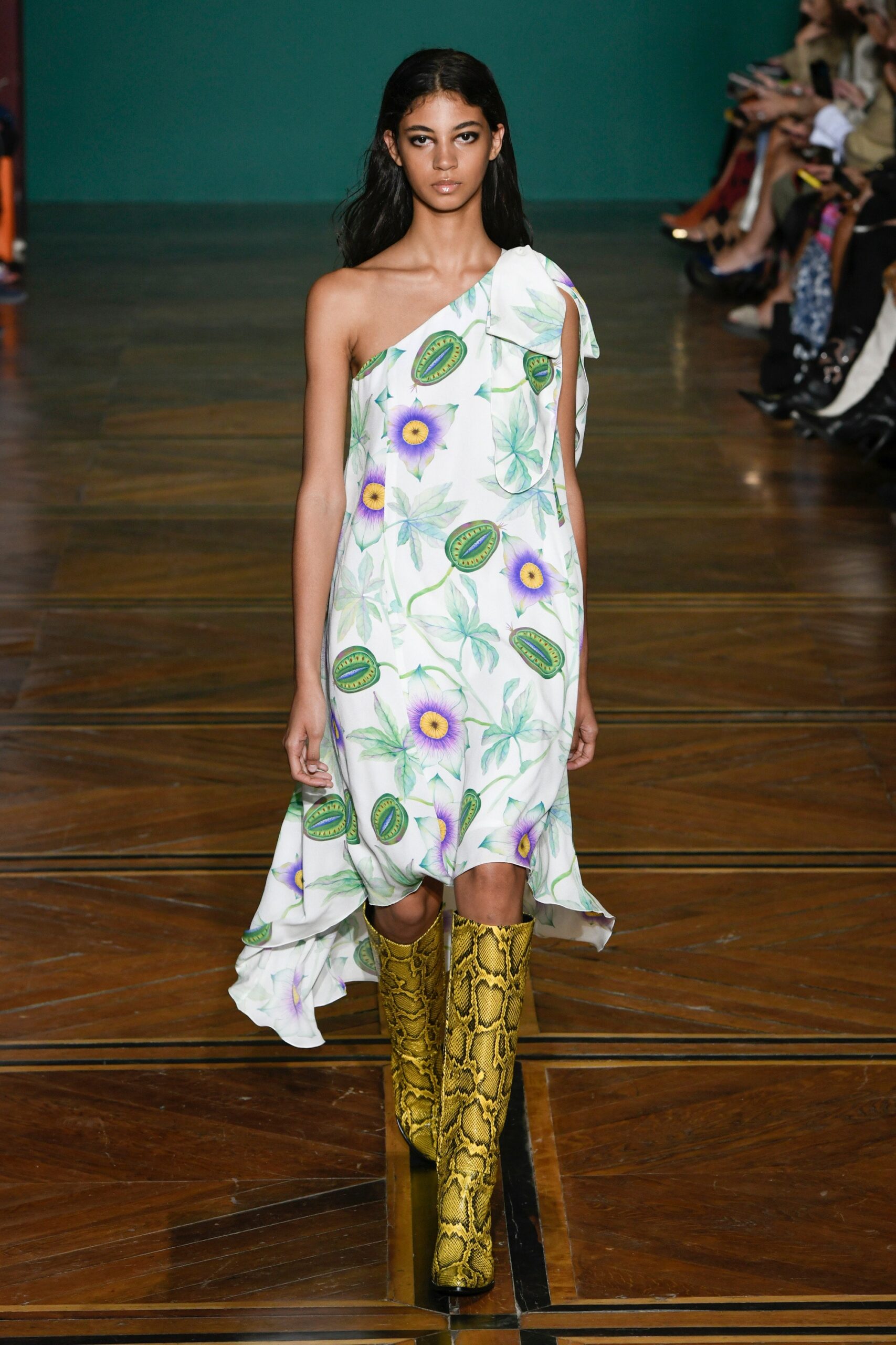 floral midi dress with snakeskin boots