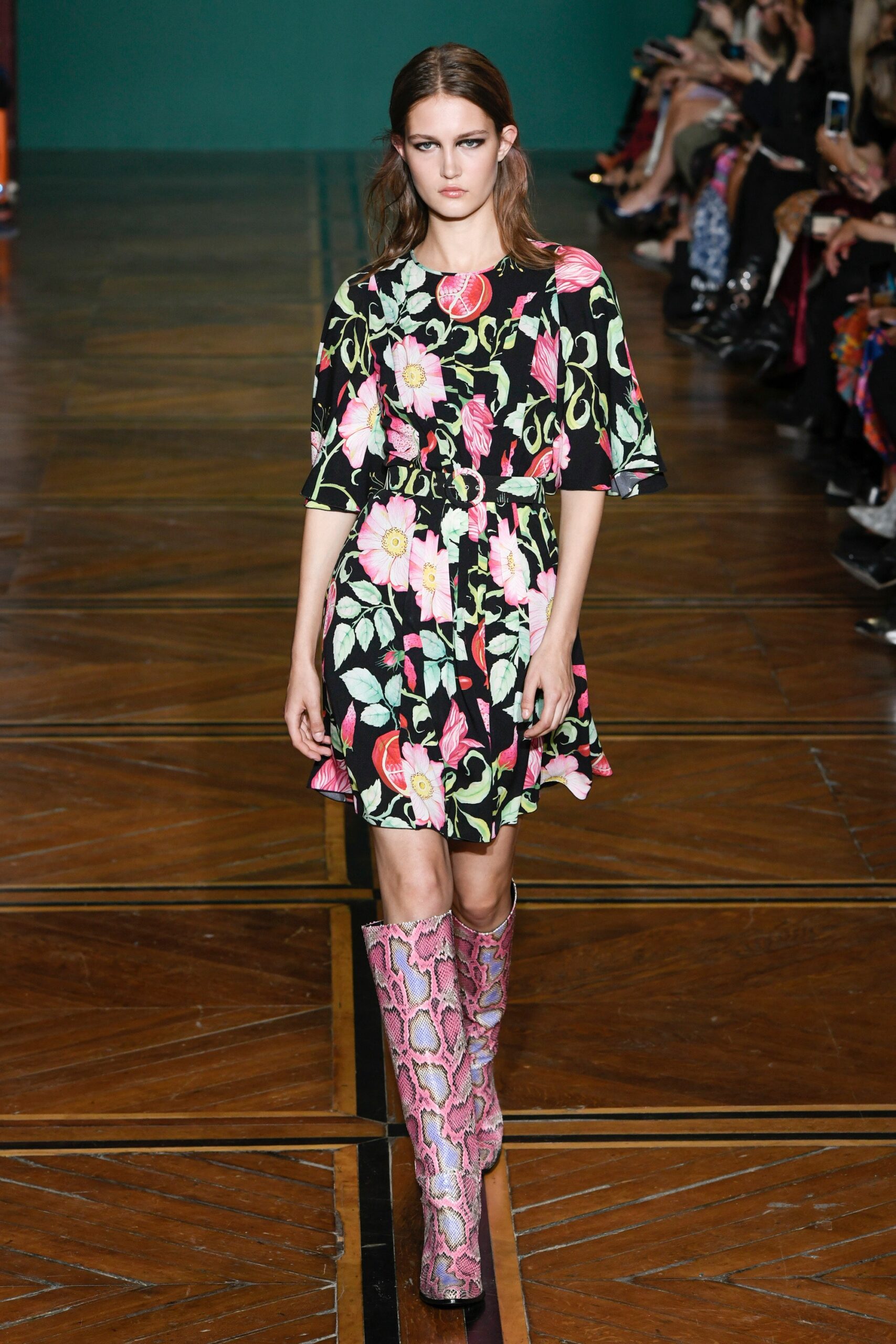 floral short dress with pink boots