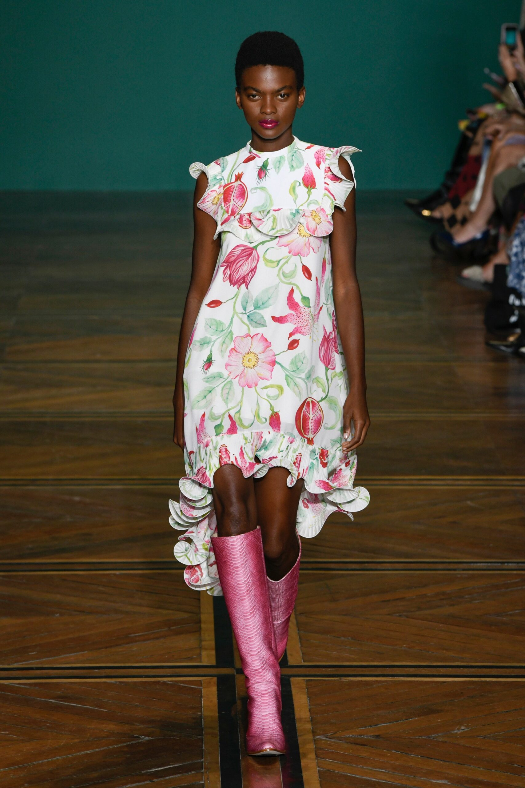 floral mini dress with pink boots