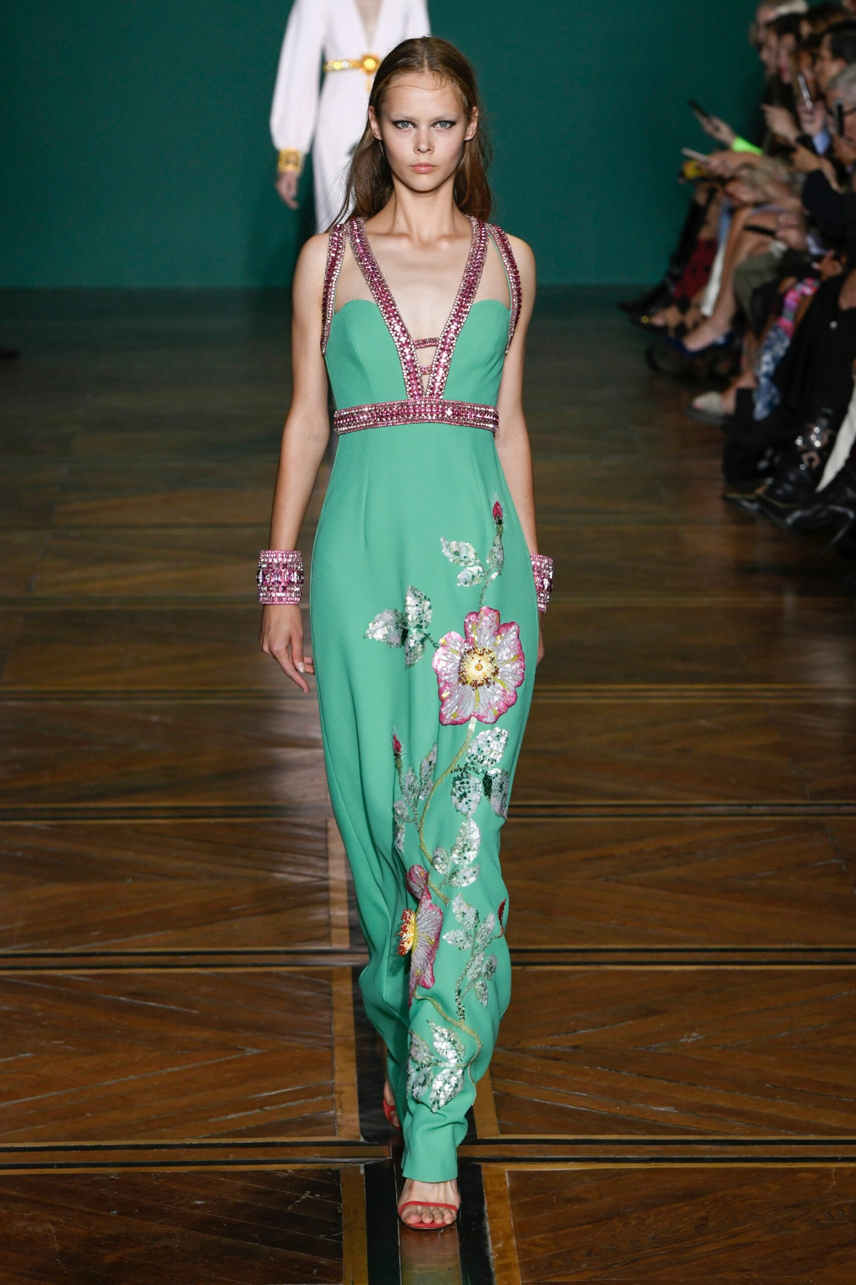 green silk embroidered gown