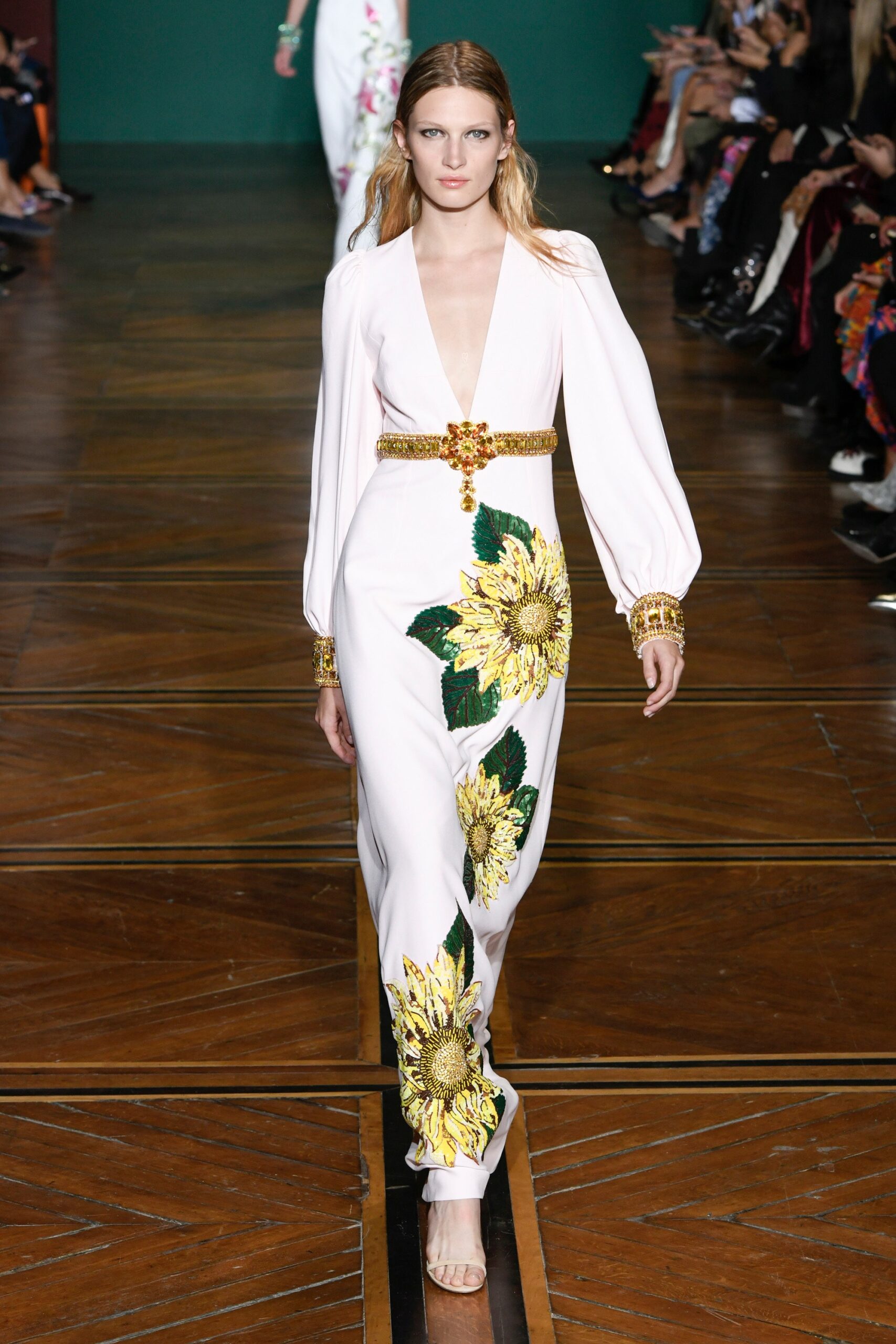 white silk embroidered gown