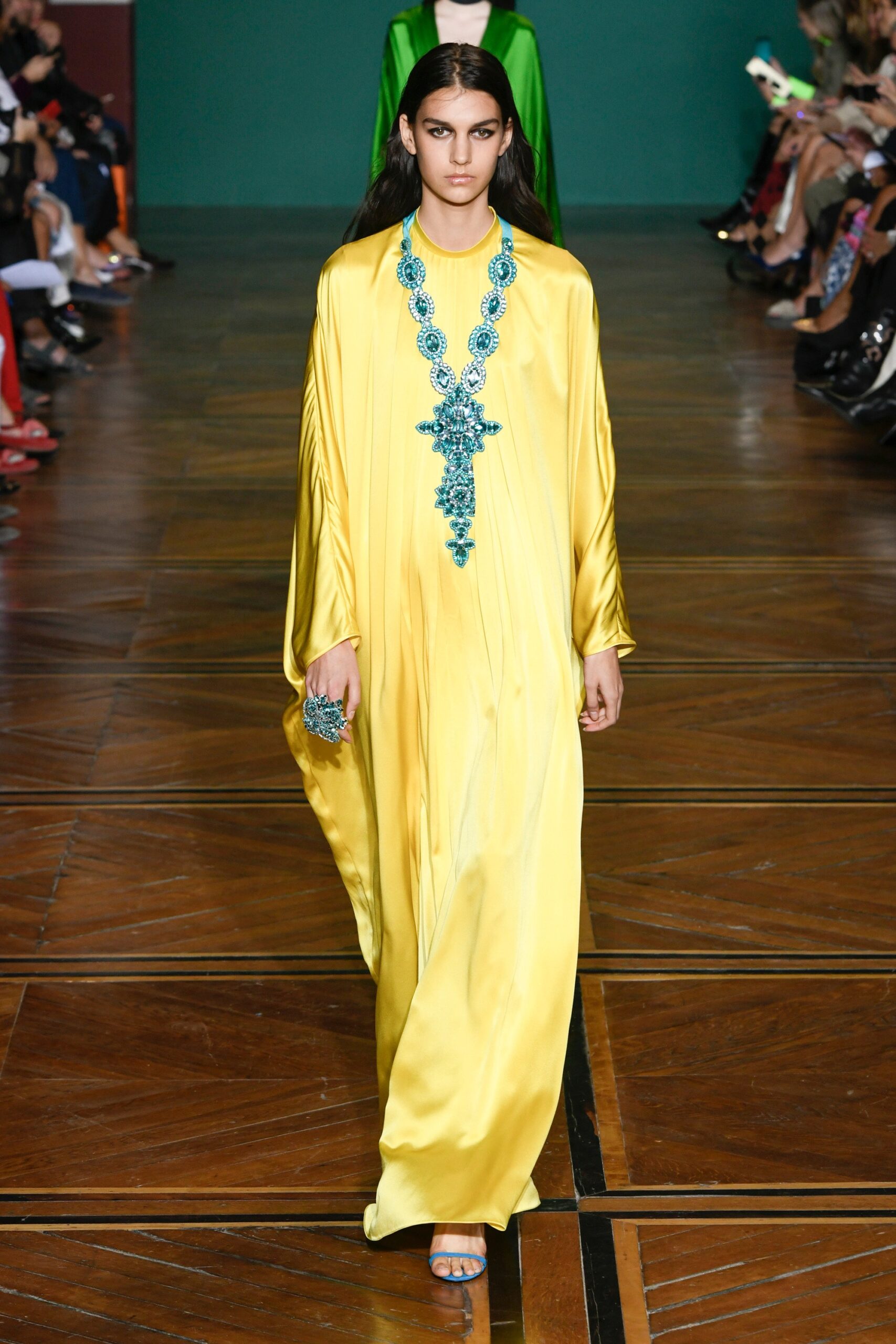 yellow silk embroidered gown