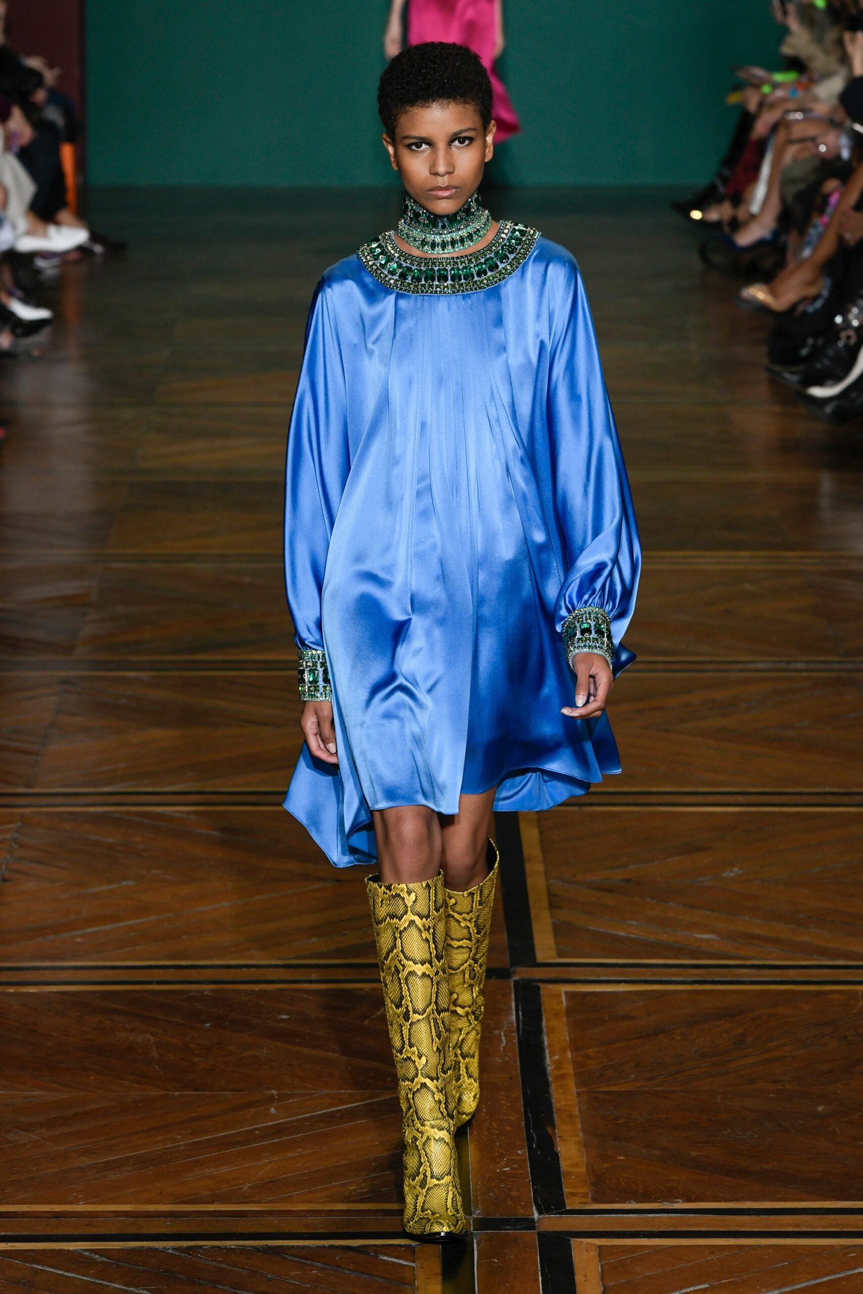 blue silk relaxed mini dress with yellow boots