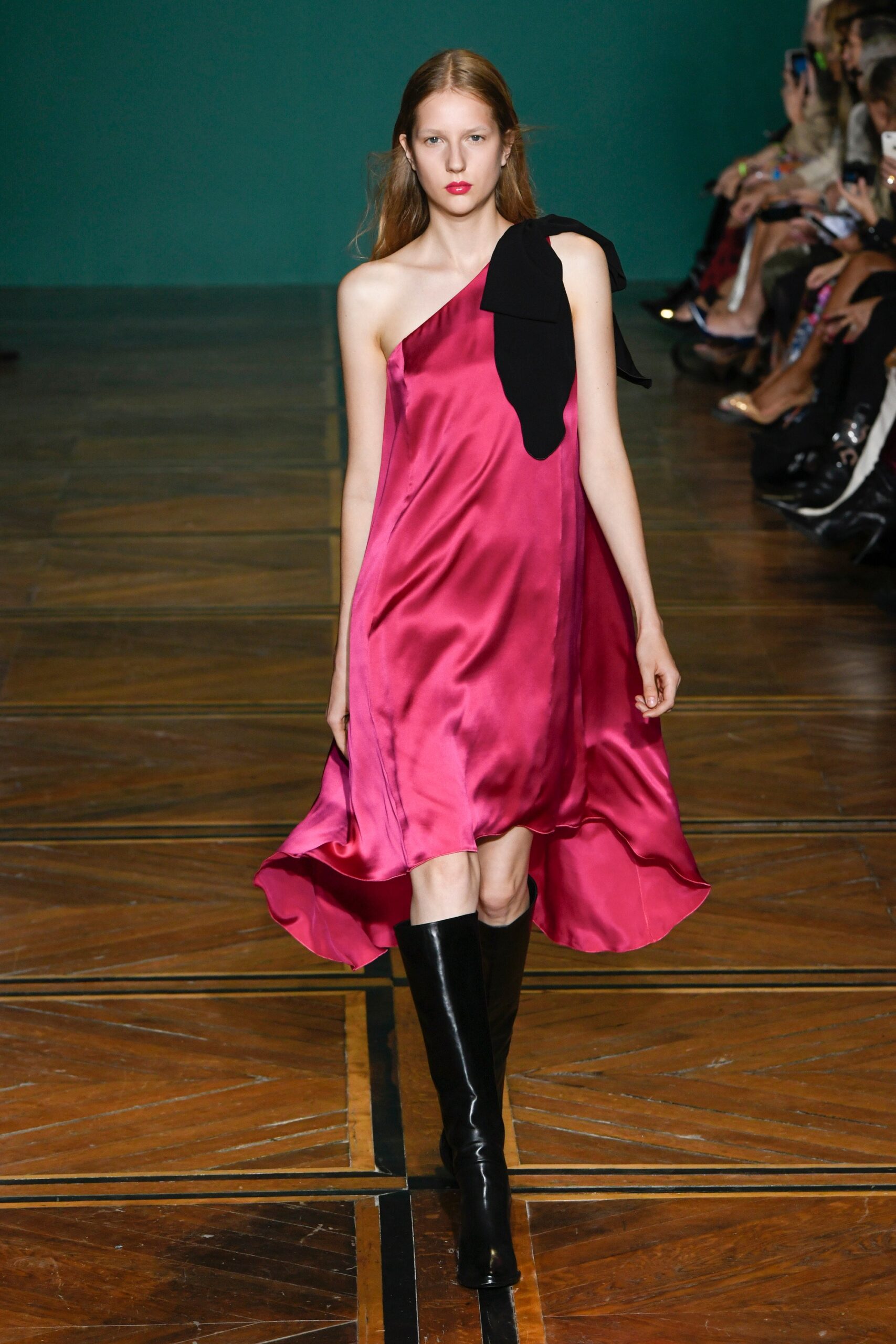 pink silk asymmetric dress with black boots