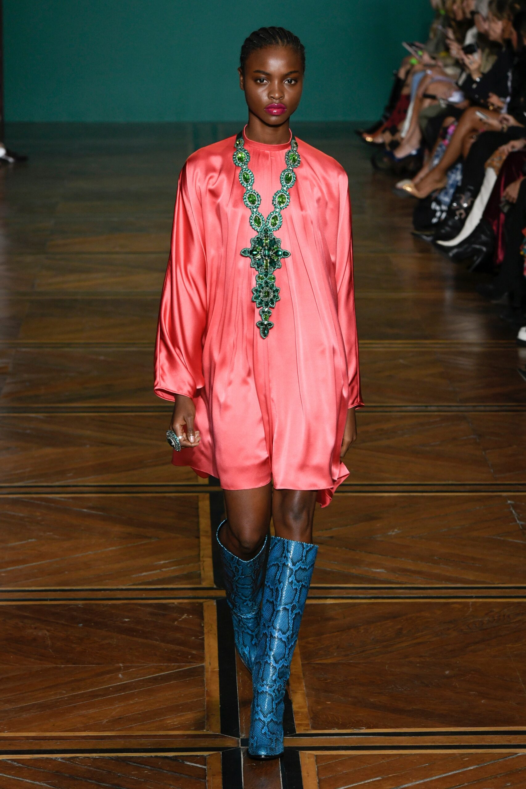 pink silk relaxed dress with blue boots