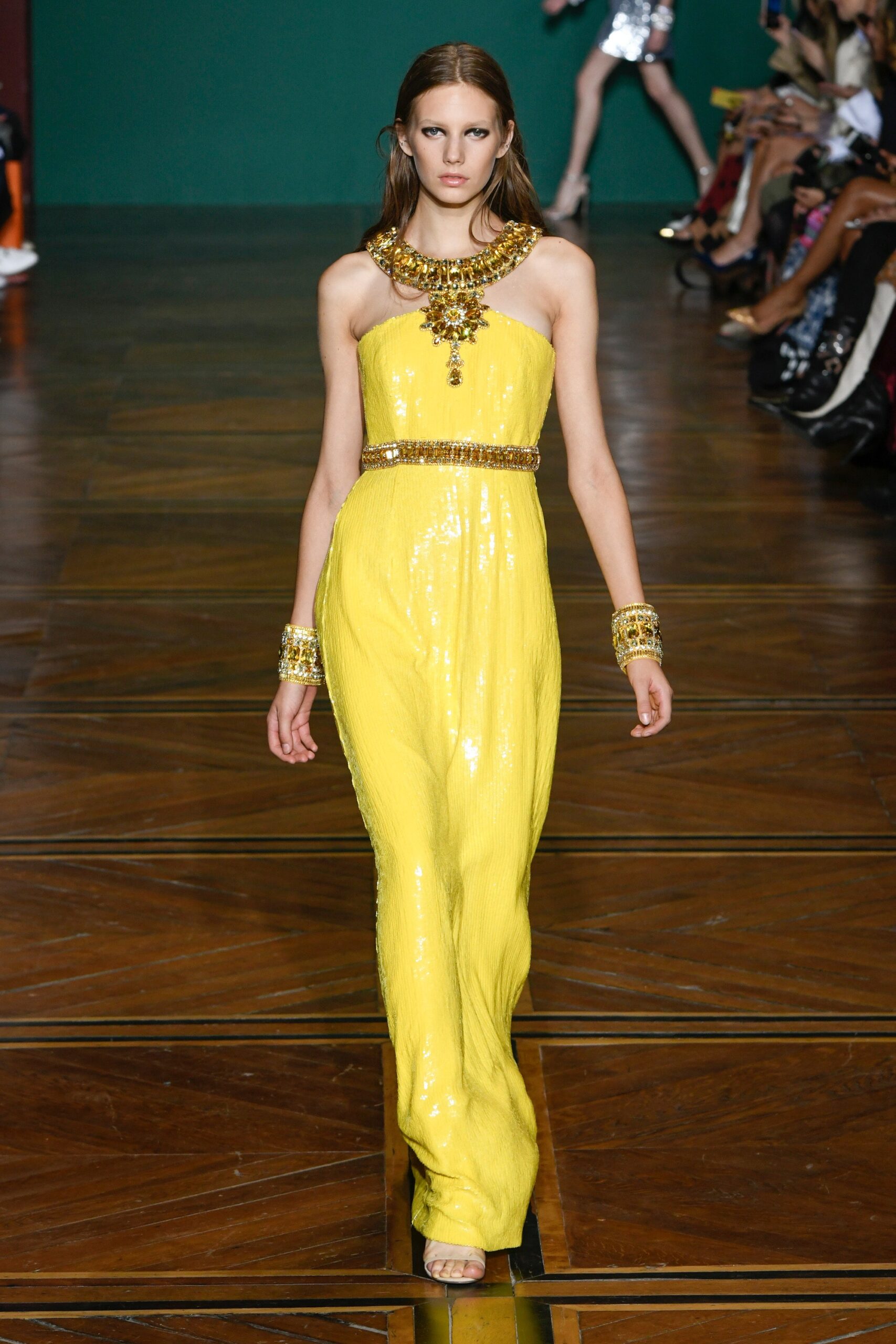 fitted yellow sequined gown