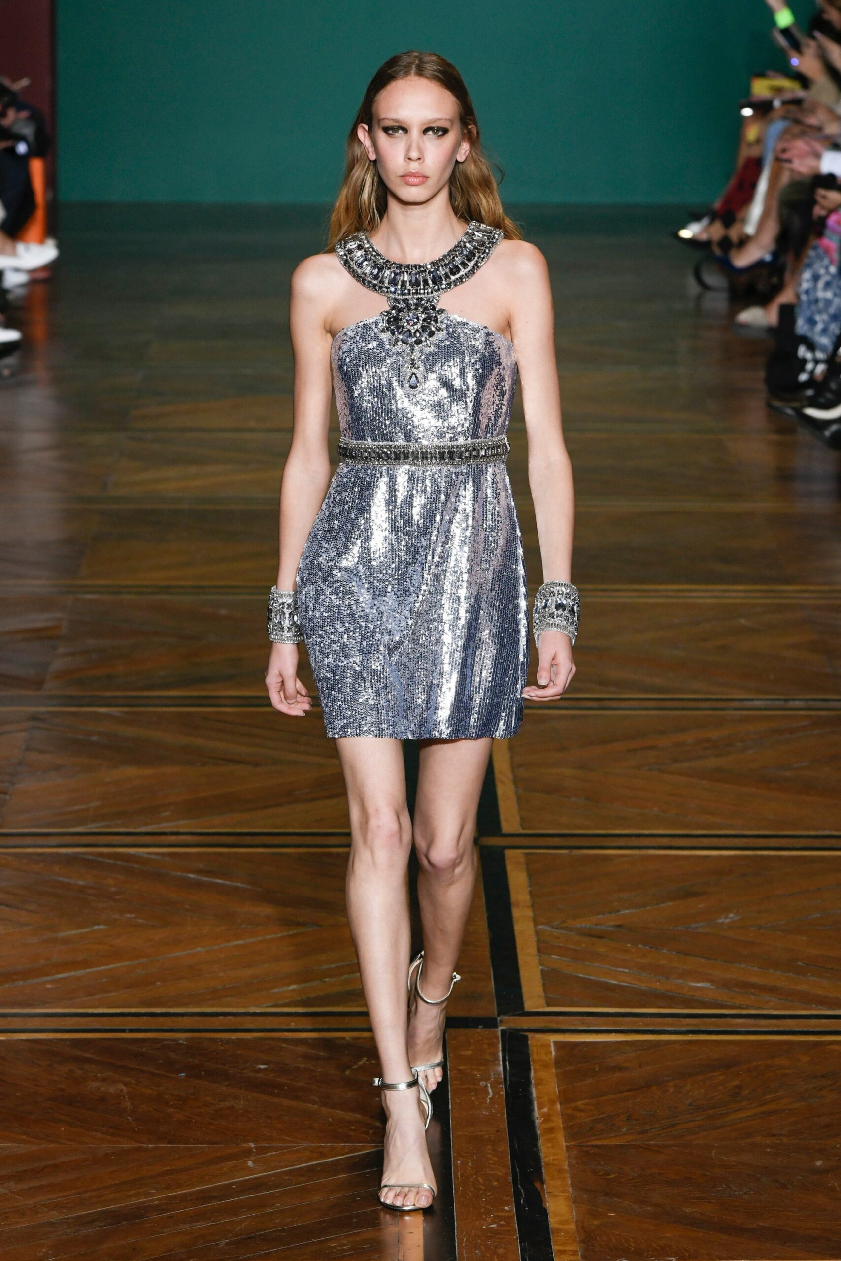 fitted silver sequin mini dress