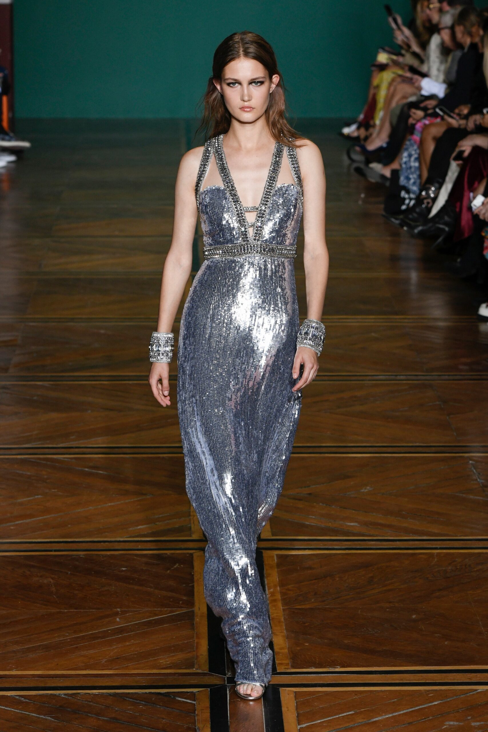 fitted silver sequined gown