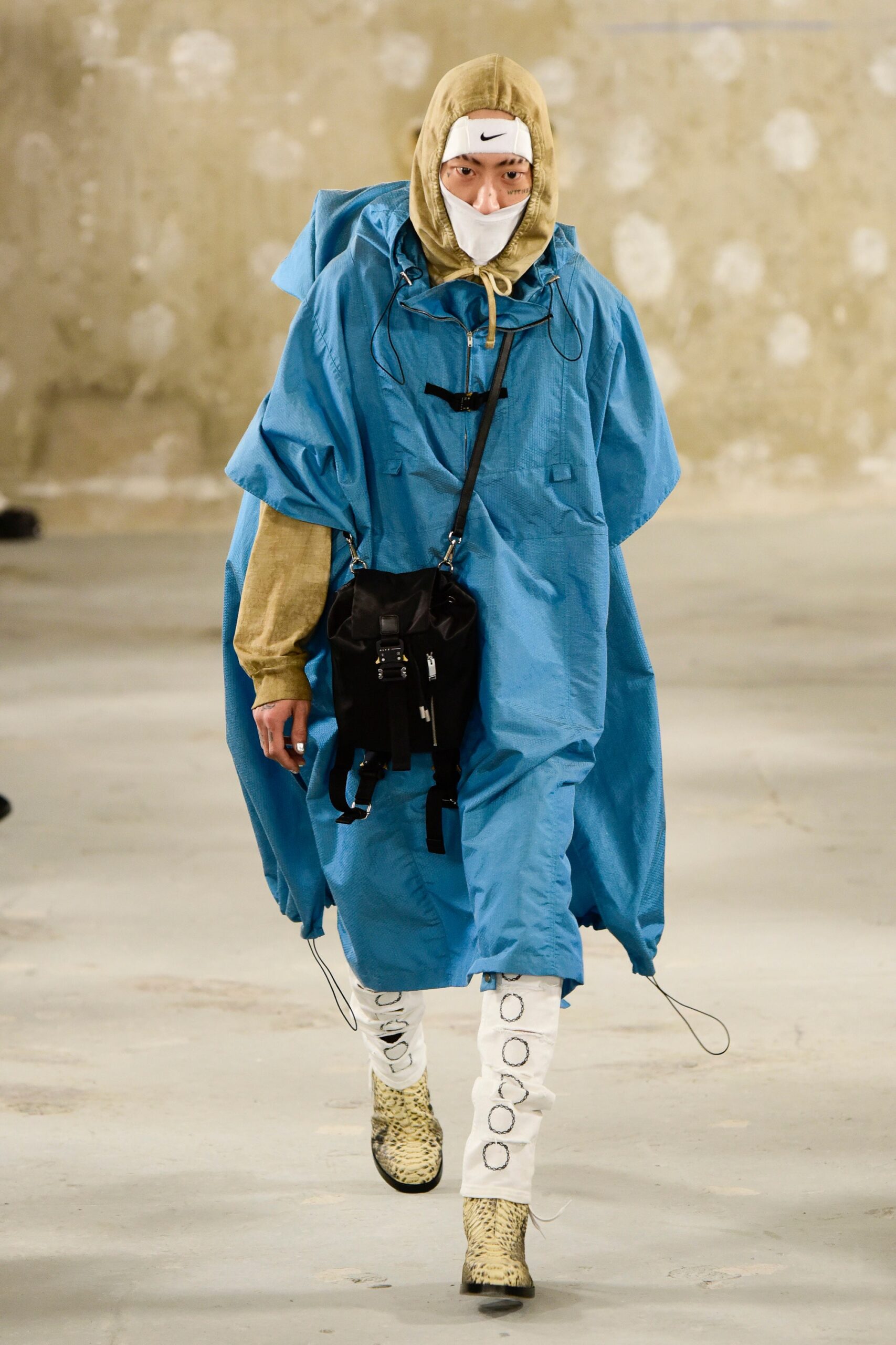 blue cotton hooded relaxed layered poncho