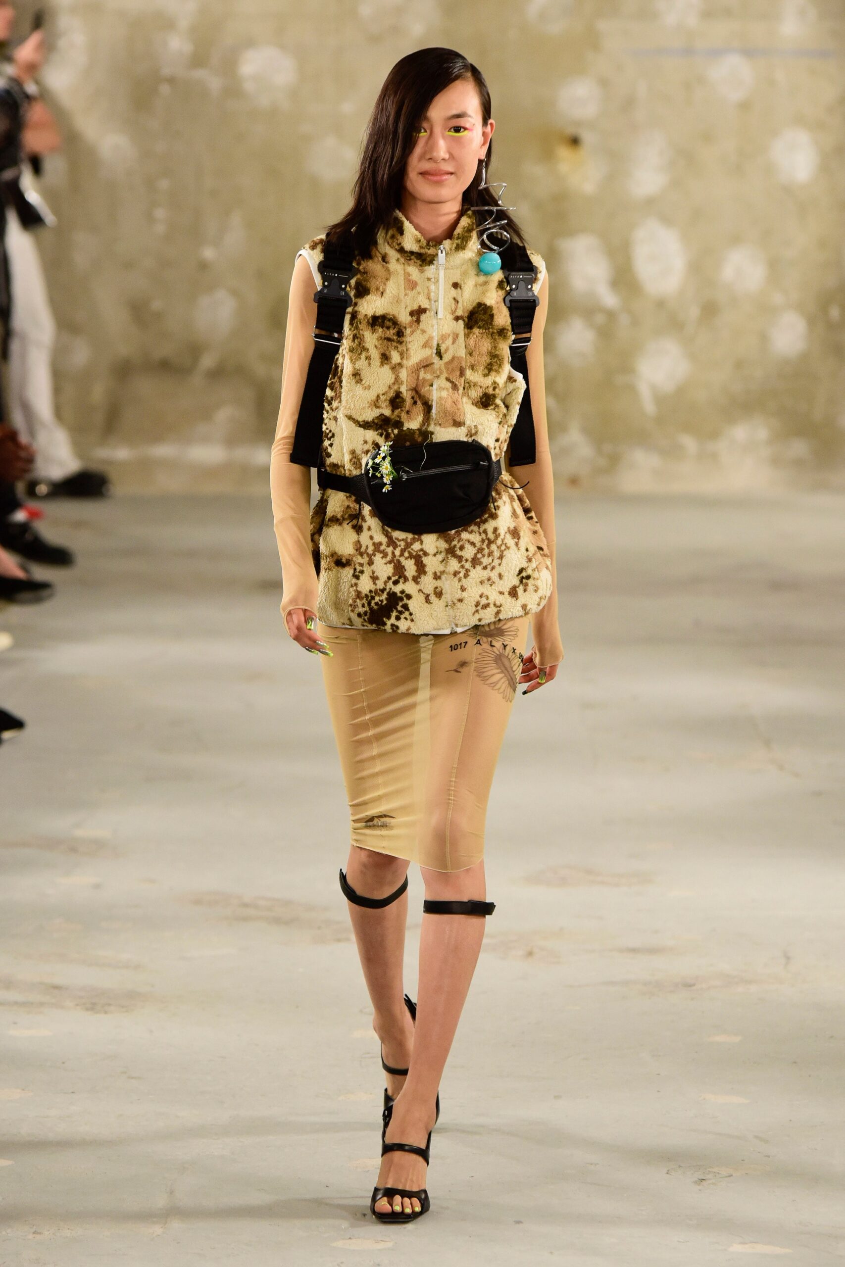 brown printed sleeveless top with sheer skirt