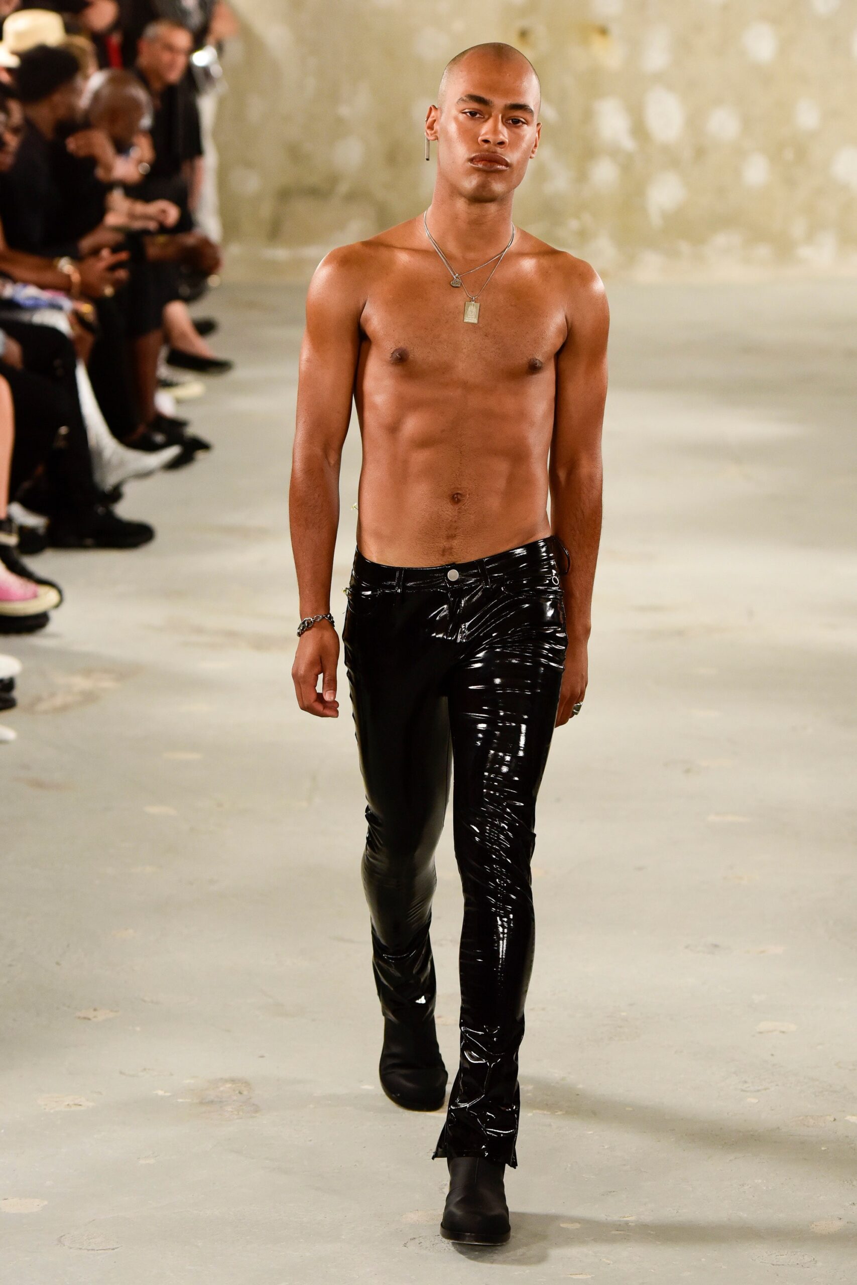 fitted black vinyl pants