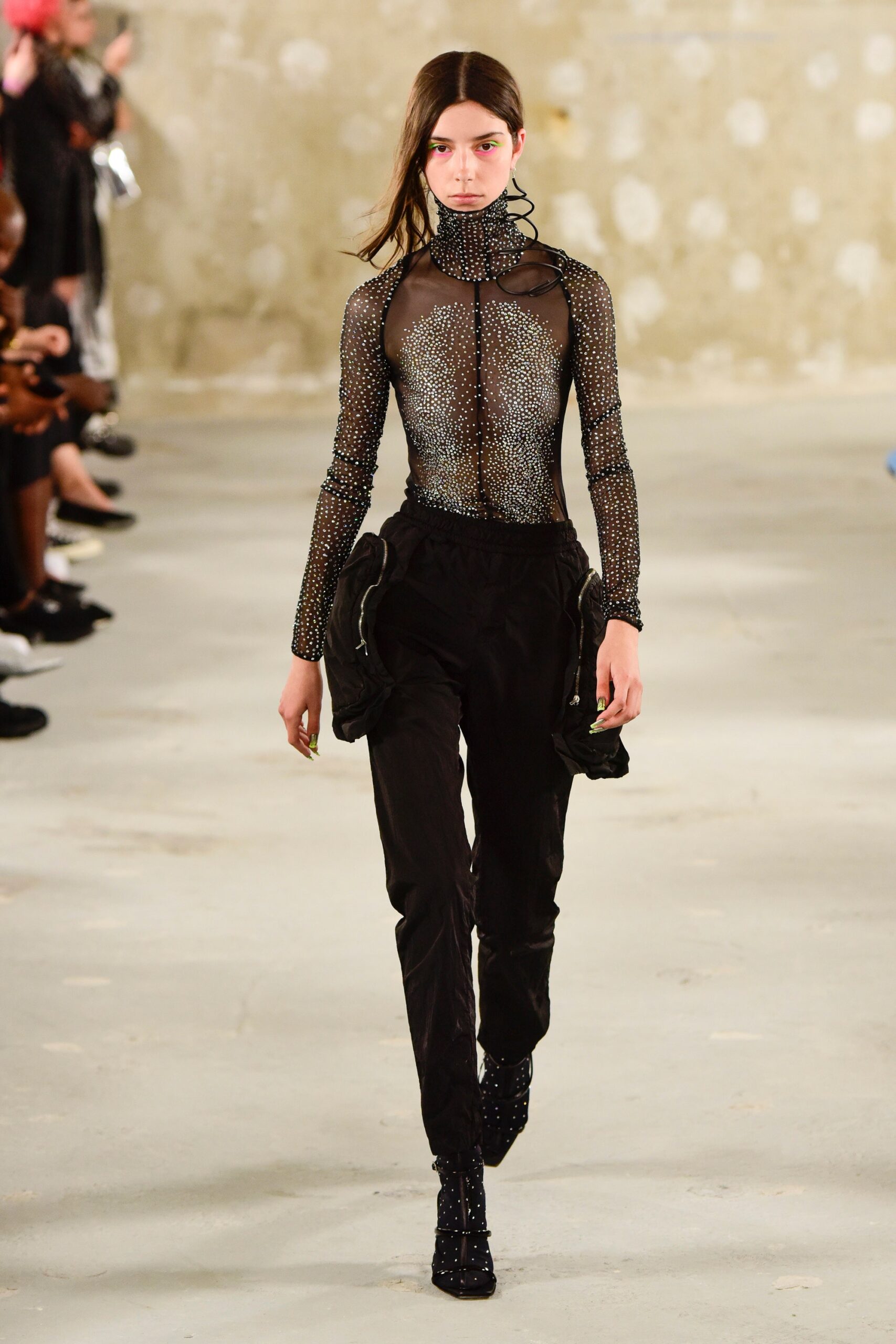 black mesh long-sleeve high-neck fitted sequined sheer top