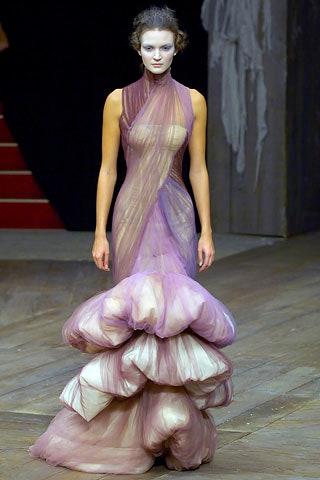 purple silk draped gown