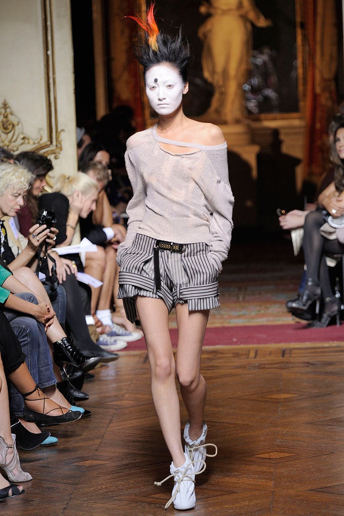 beige off-shoulder top with striped shorts