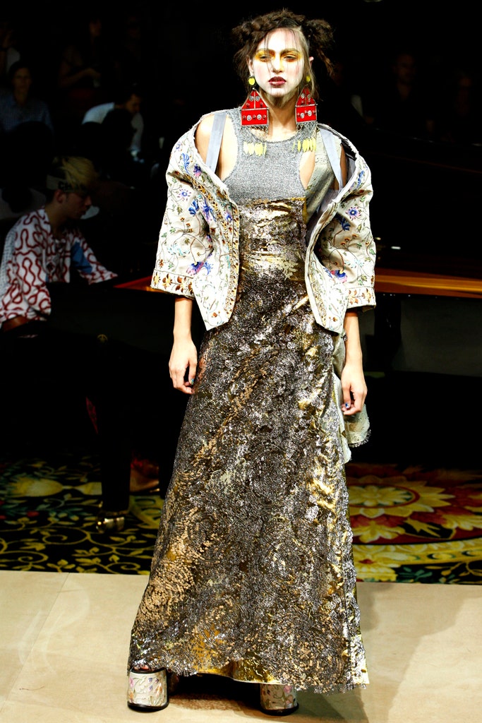 gold silk gown with oversized jacket