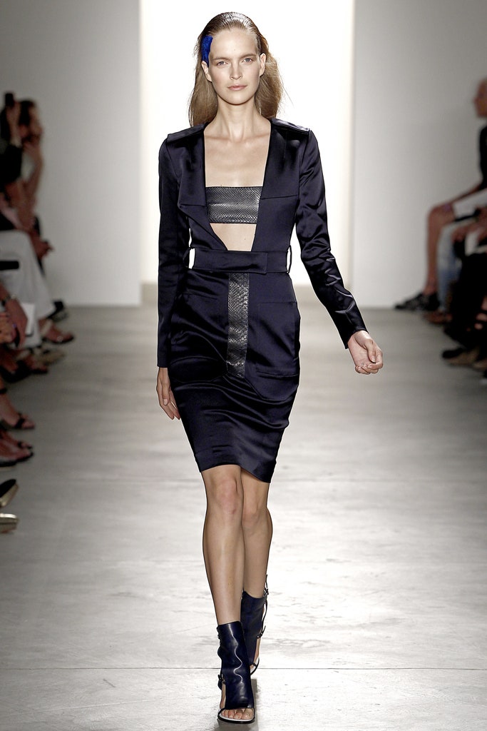 blue silk fitted midi dress