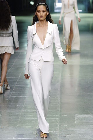 white silk long-sleeve v-neck tailored buttoned flared suit
