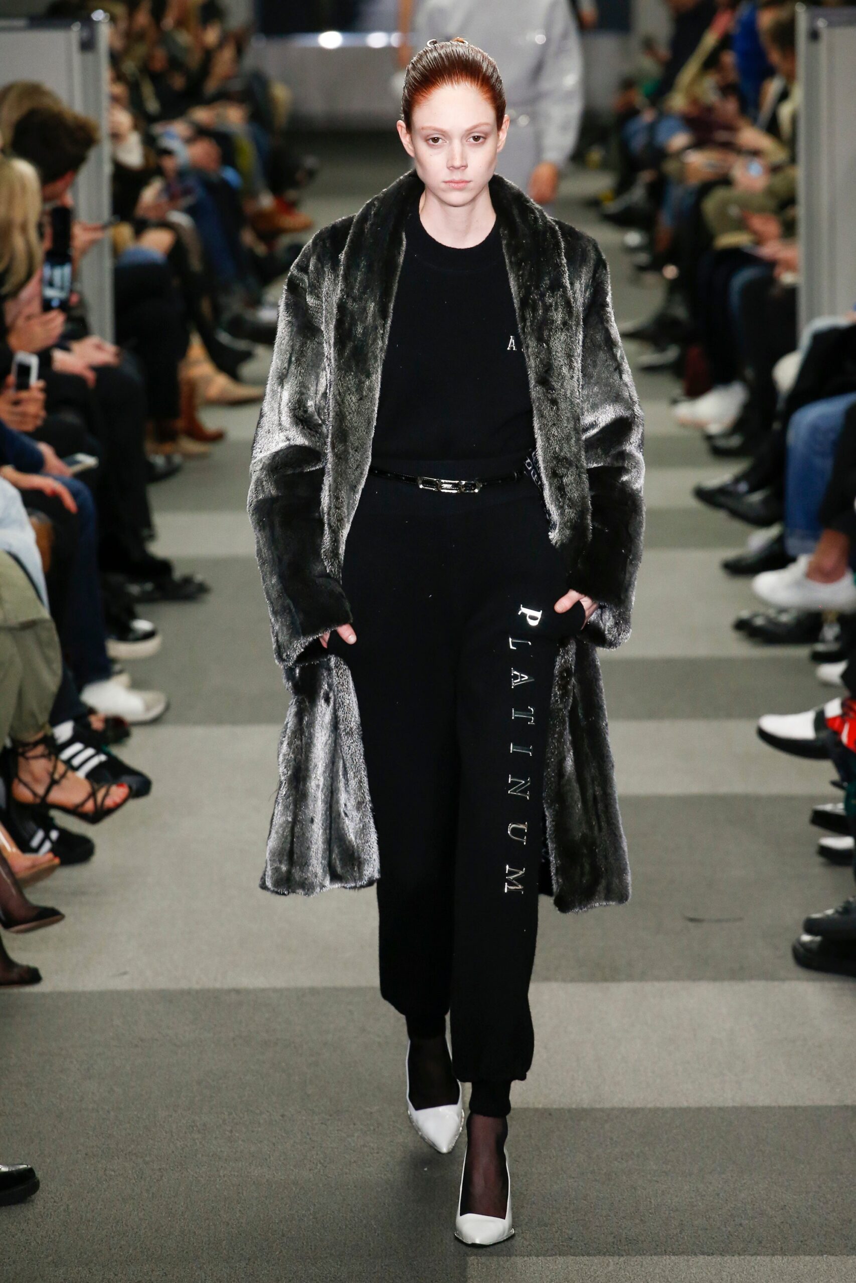 gray faux-fur coat with black outfit