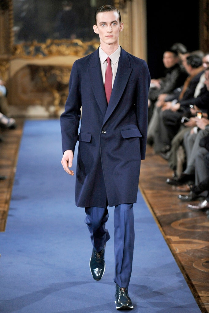 blue tailored coat with white shirt